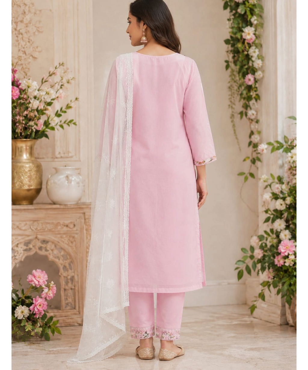 Pink Floral Chikankari Suit Set with Chiffon Dupatta