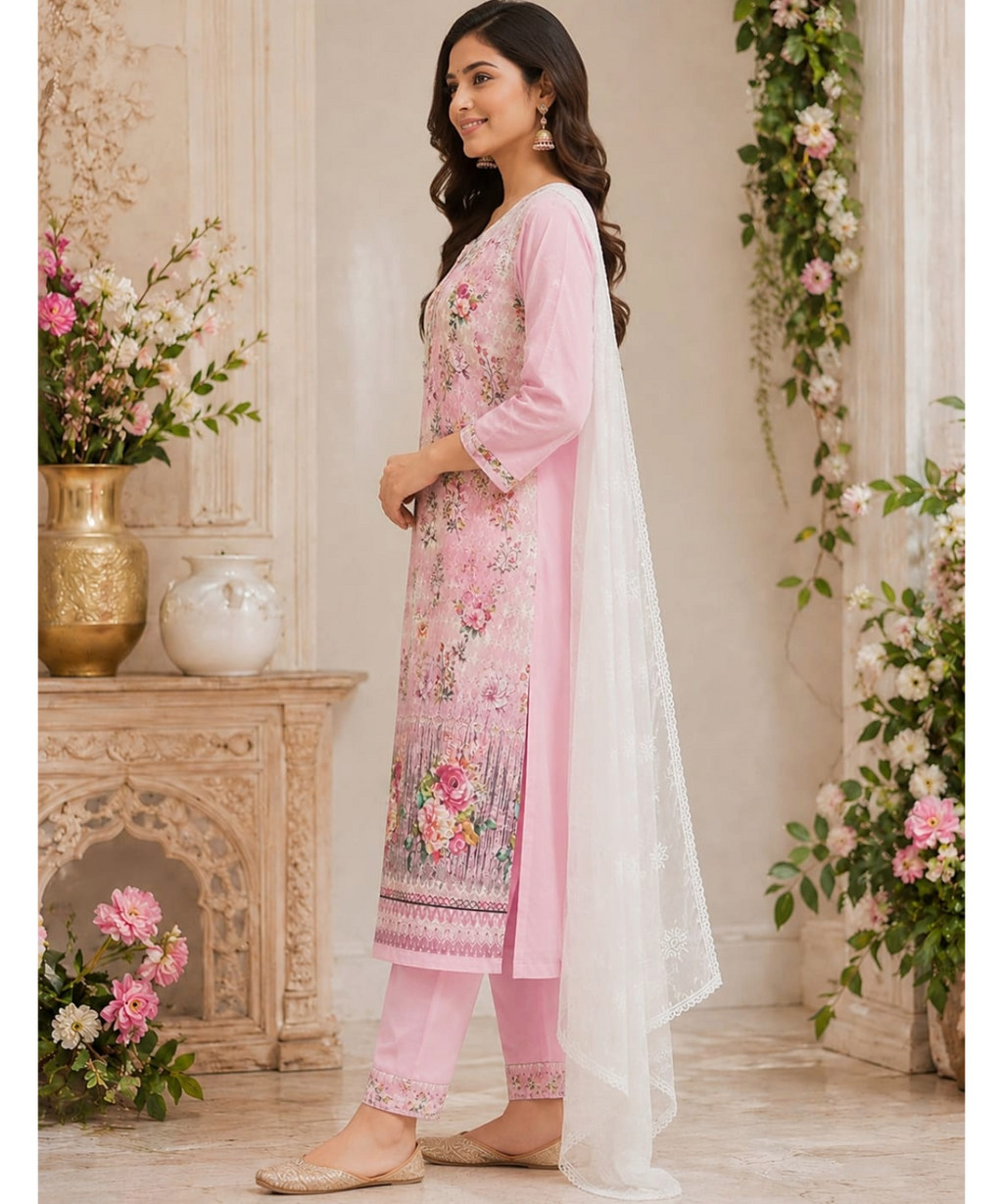 Pink Floral Chikankari Suit Set with Chiffon Dupatta