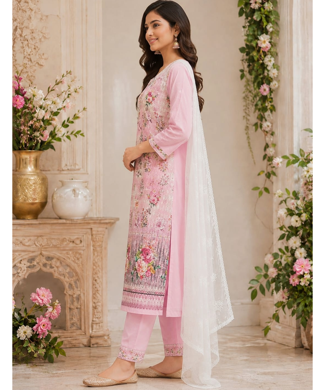 Pink Floral Chikankari Suit Set with Chiffon Dupatta