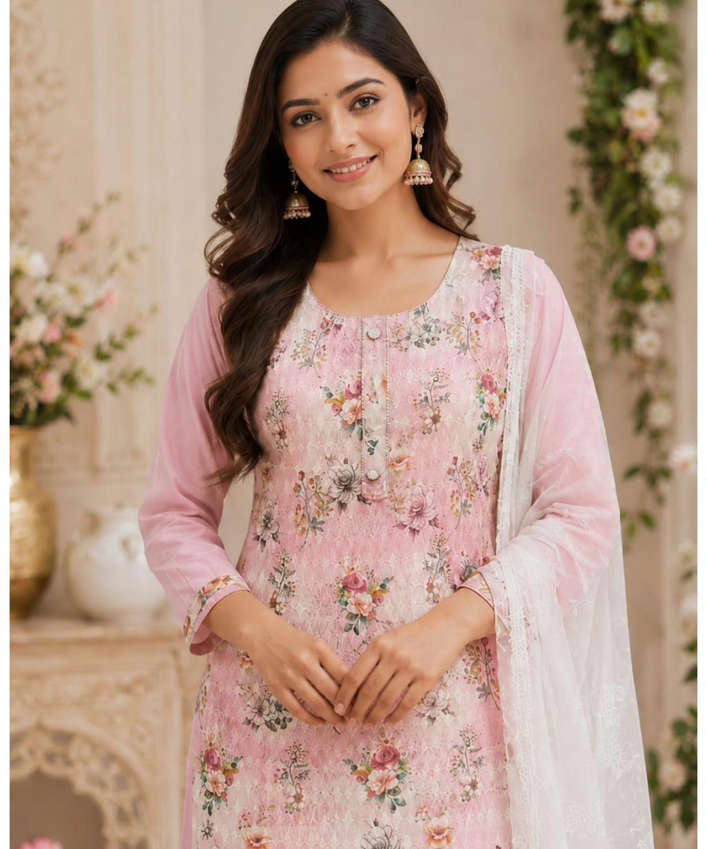 Pink Floral Chikankari Suit Set with Chiffon Dupatta