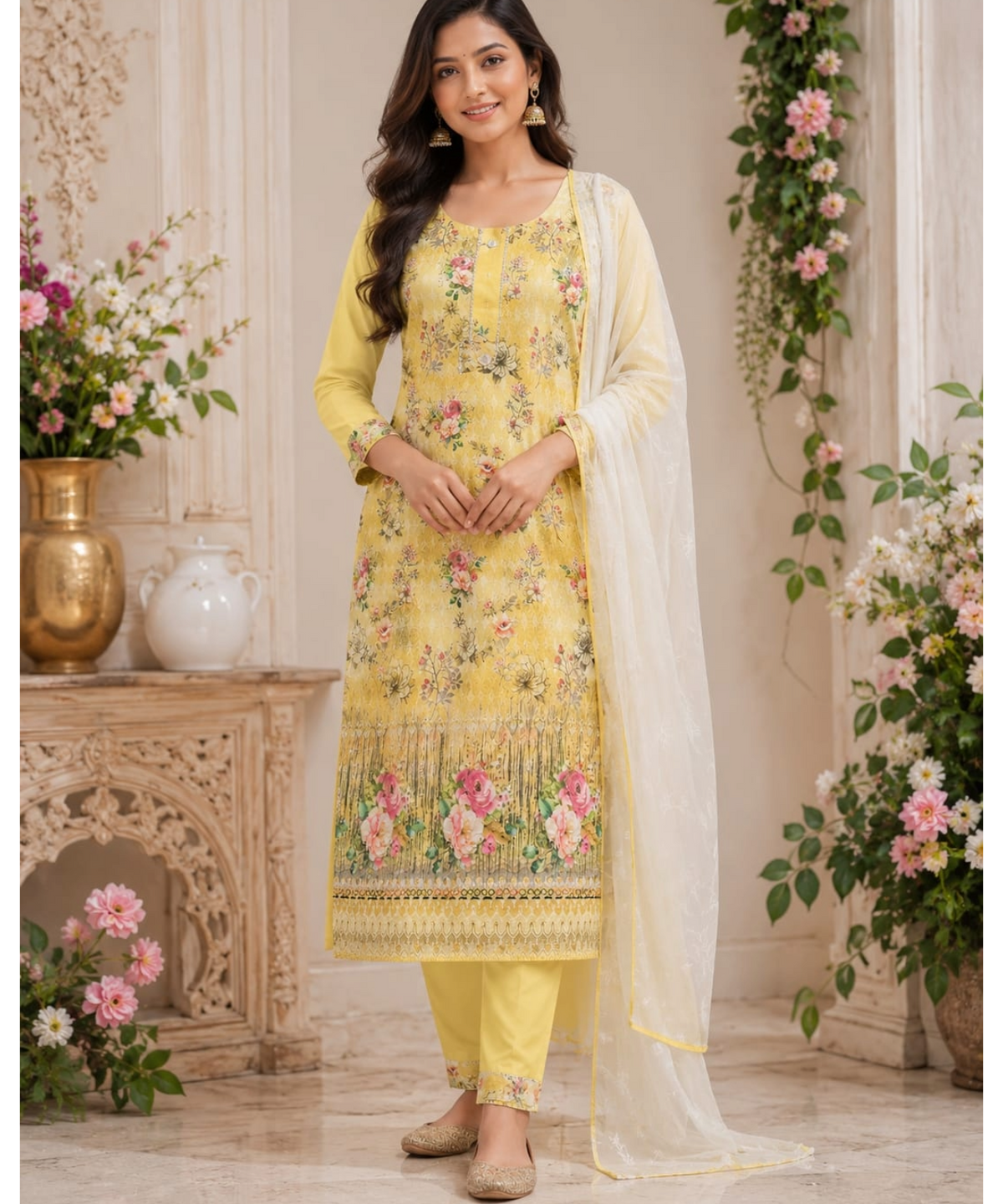 Pink Floral Chikankari Suit Set with Chiffon Dupatta