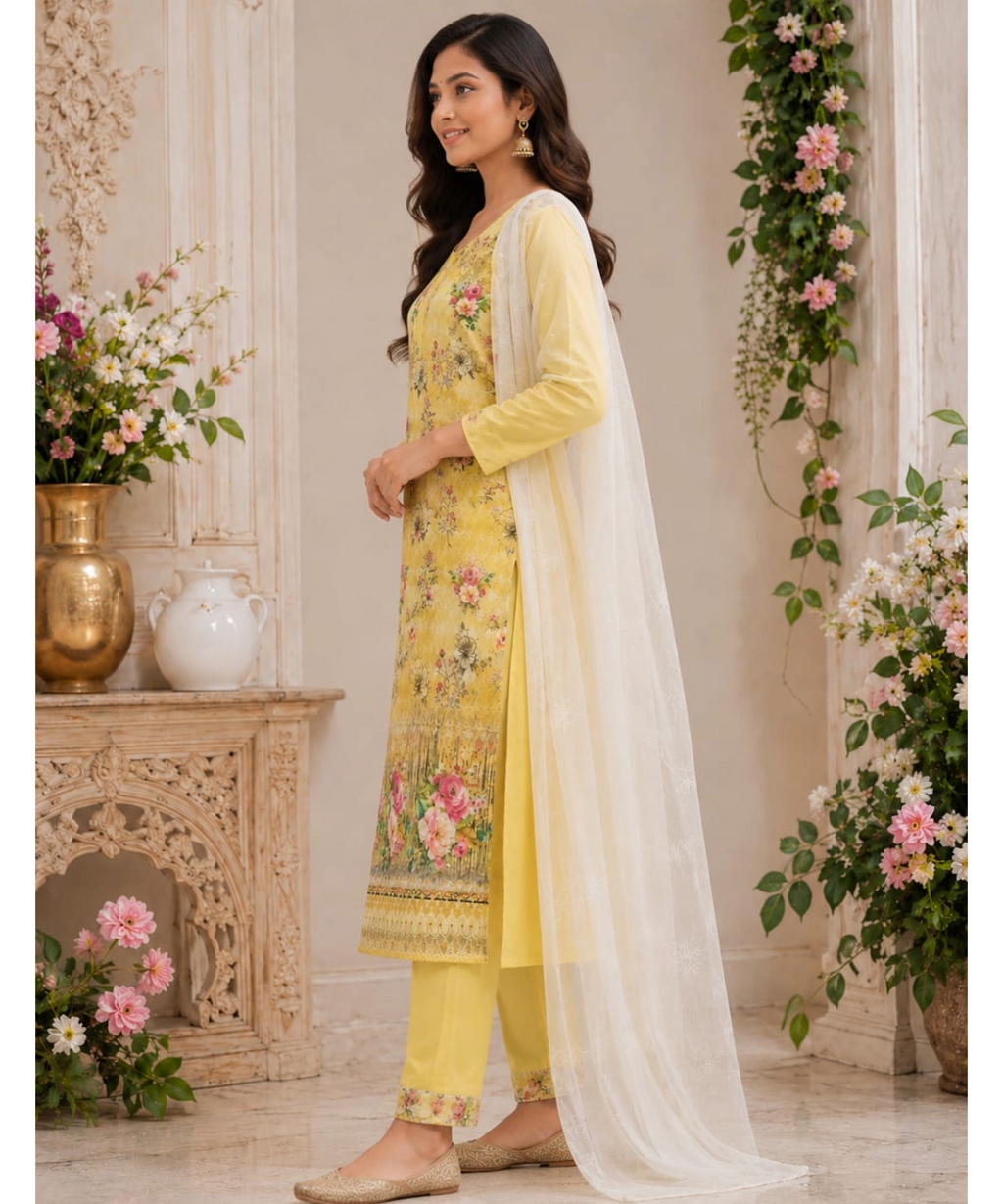 Pink Floral Chikankari Suit Set with Chiffon Dupatta