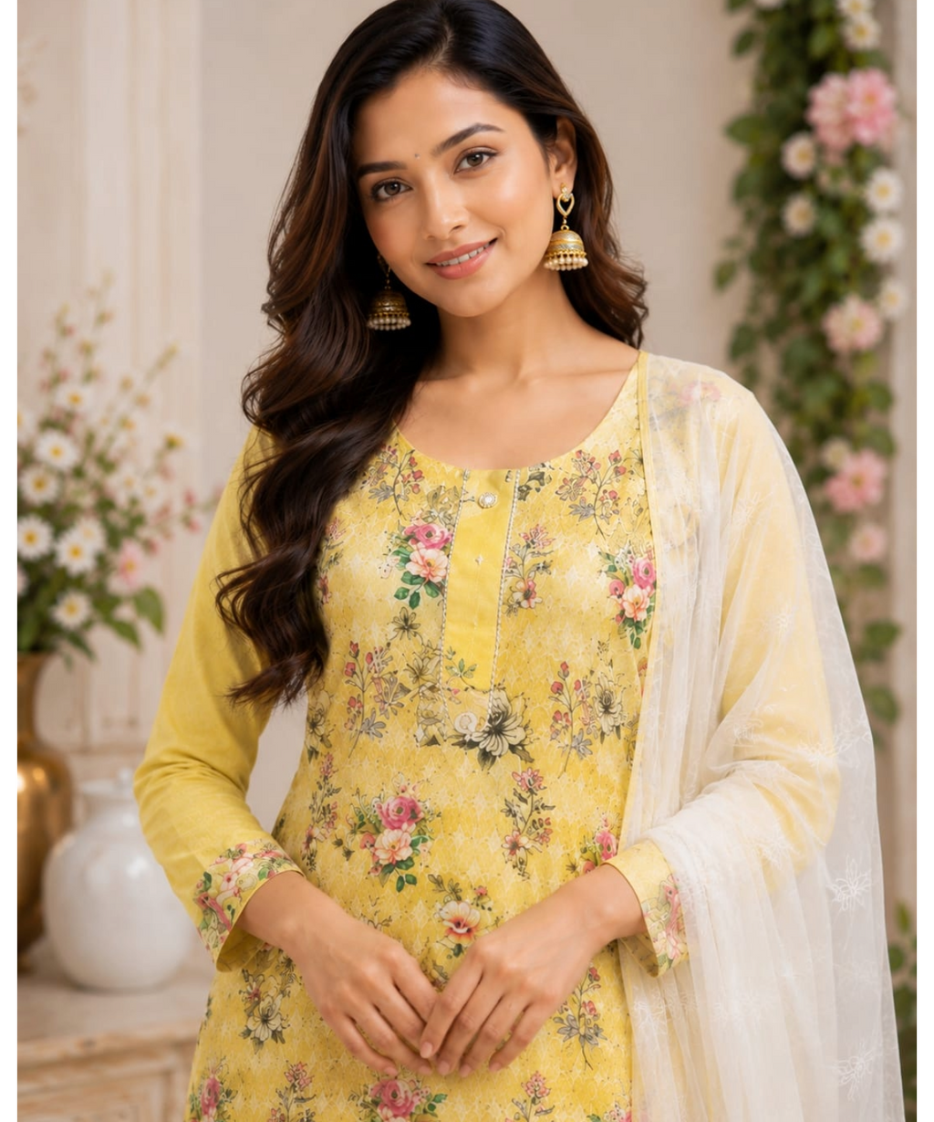 Pink Floral Chikankari Suit Set with Chiffon Dupatta