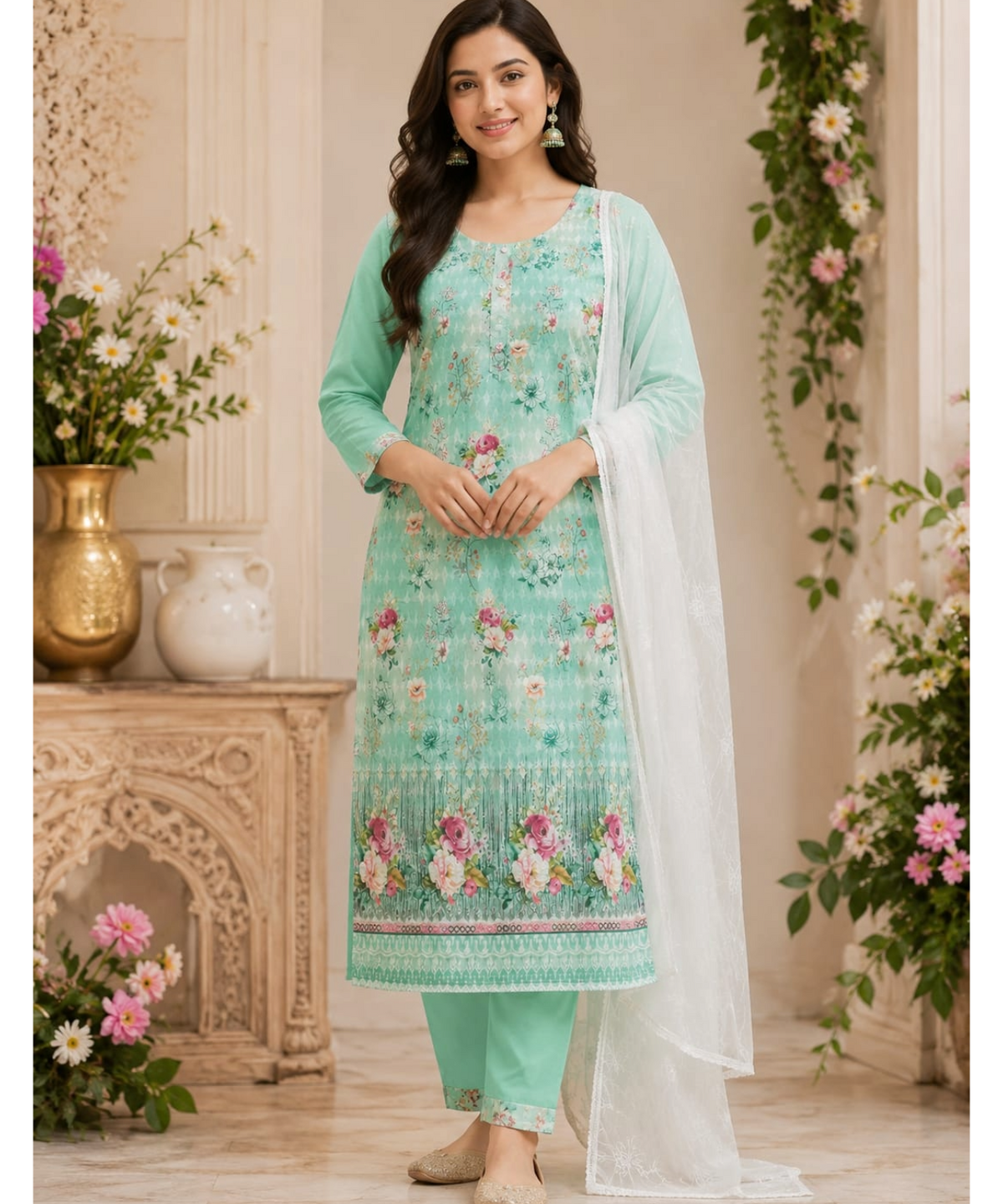 Pink Floral Chikankari Suit Set with Chiffon Dupatta