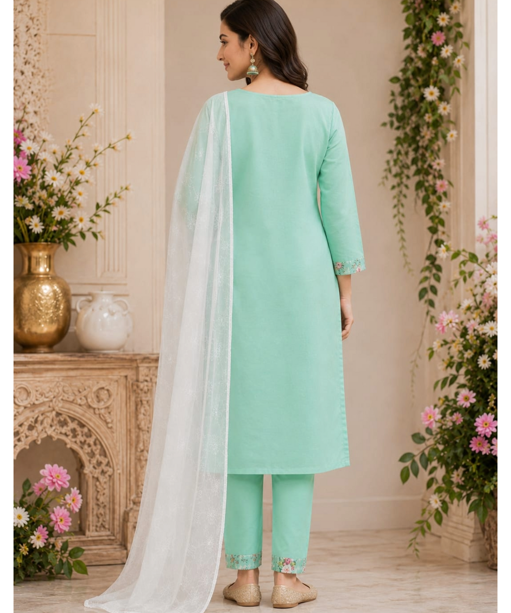 Pink Floral Chikankari Suit Set with Chiffon Dupatta