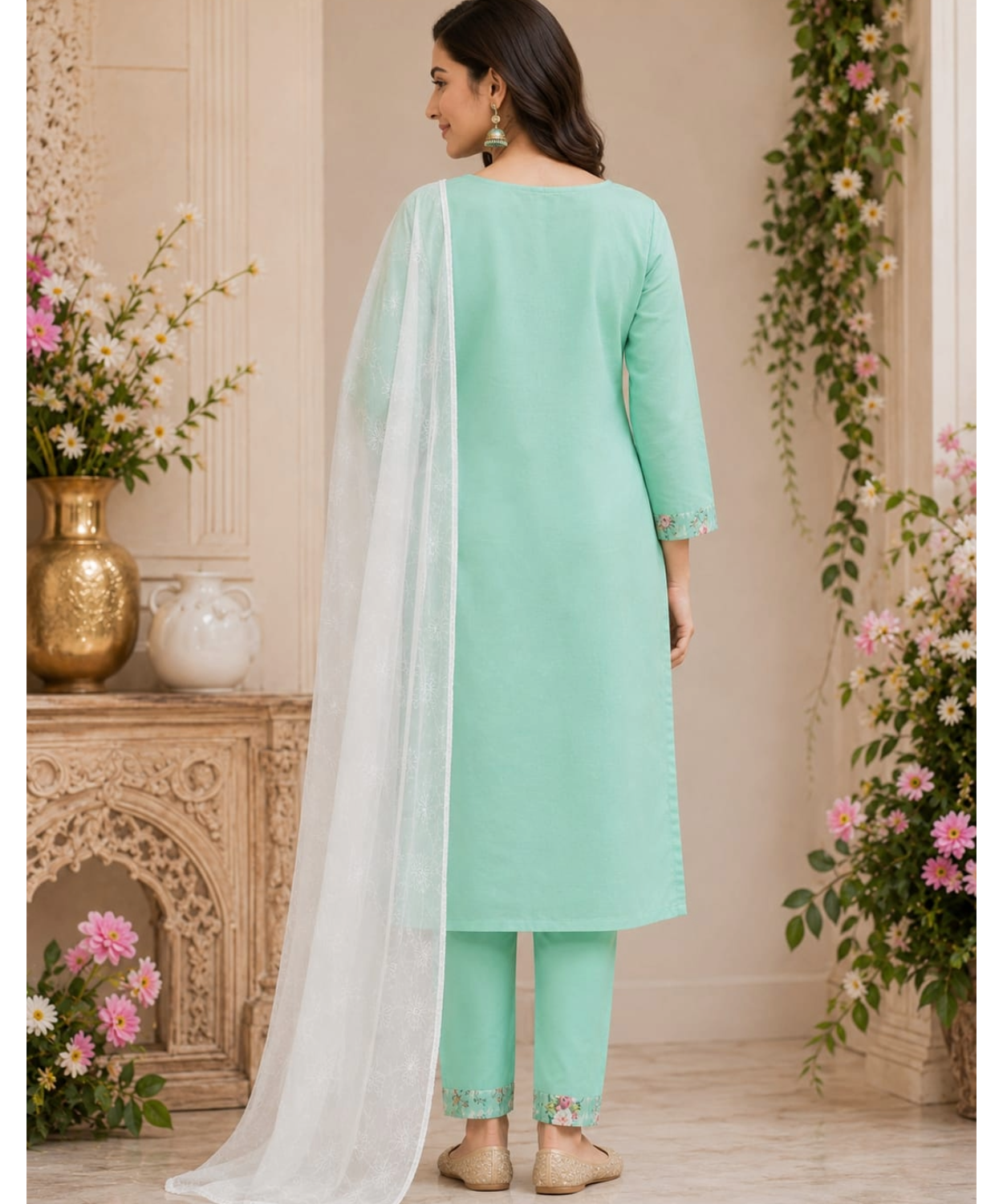 Pink Floral Chikankari Suit Set with Chiffon Dupatta
