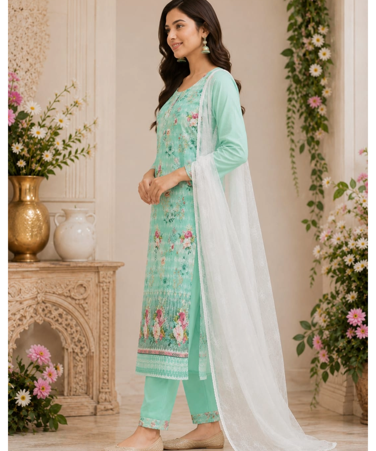 Pink Floral Chikankari Suit Set with Chiffon Dupatta