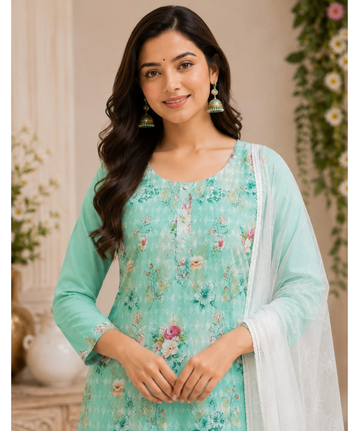 Pink Floral Chikankari Suit Set with Chiffon Dupatta