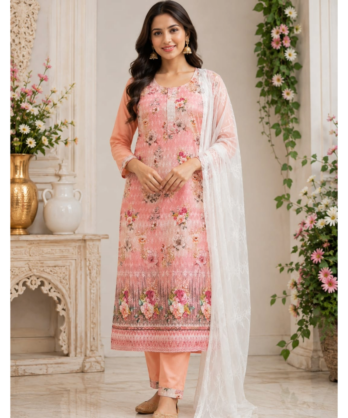 Pink Floral Chikankari Suit Set with Chiffon Dupatta