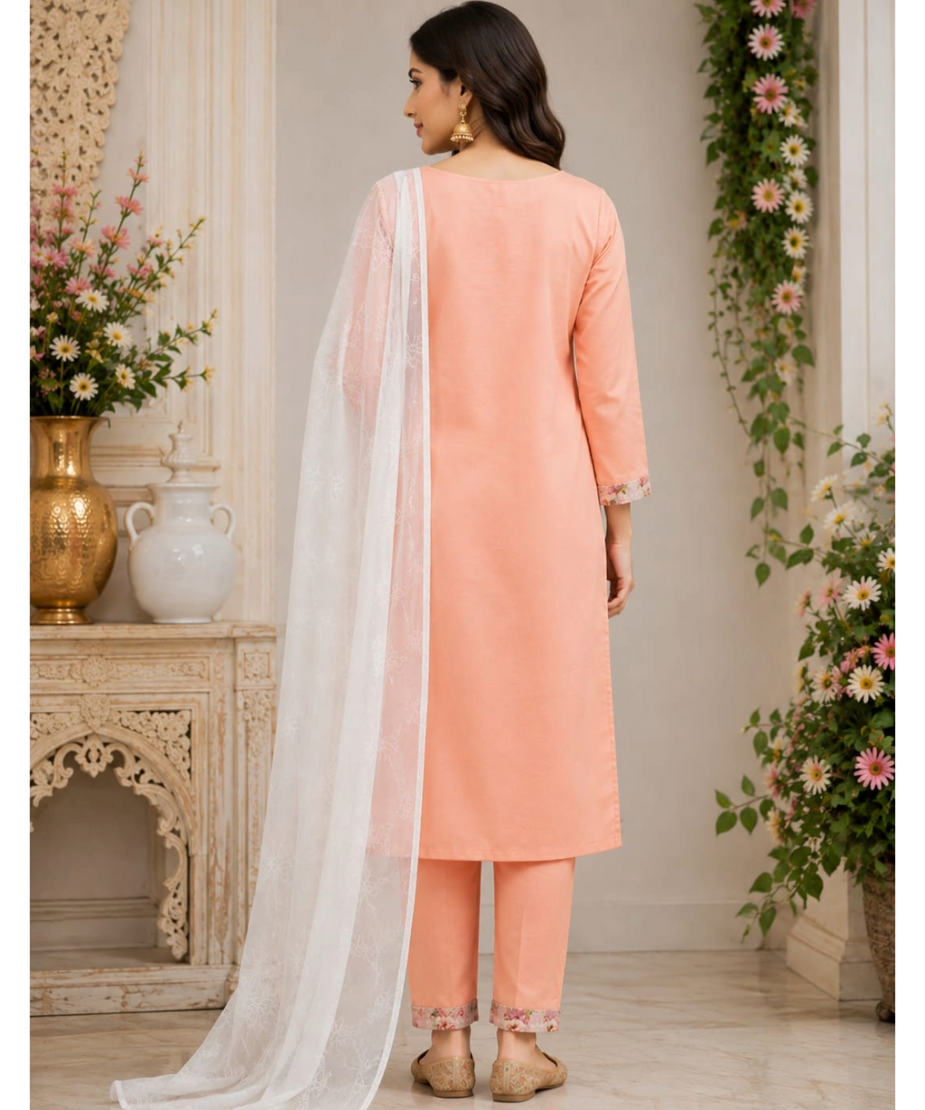Pink Floral Chikankari Suit Set with Chiffon Dupatta