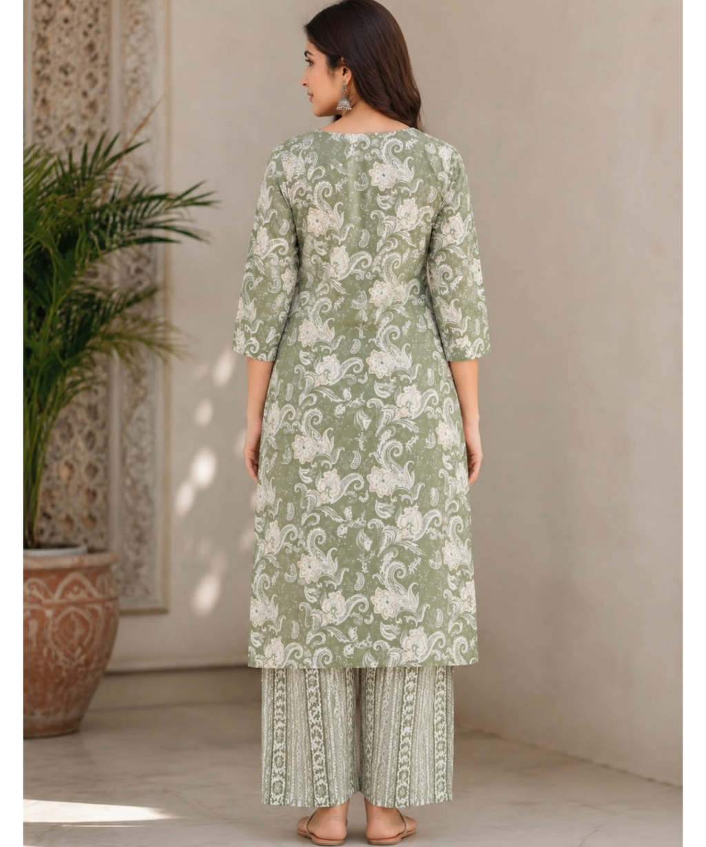Sage Green Floral Printed Kurta with Straight Pant Set