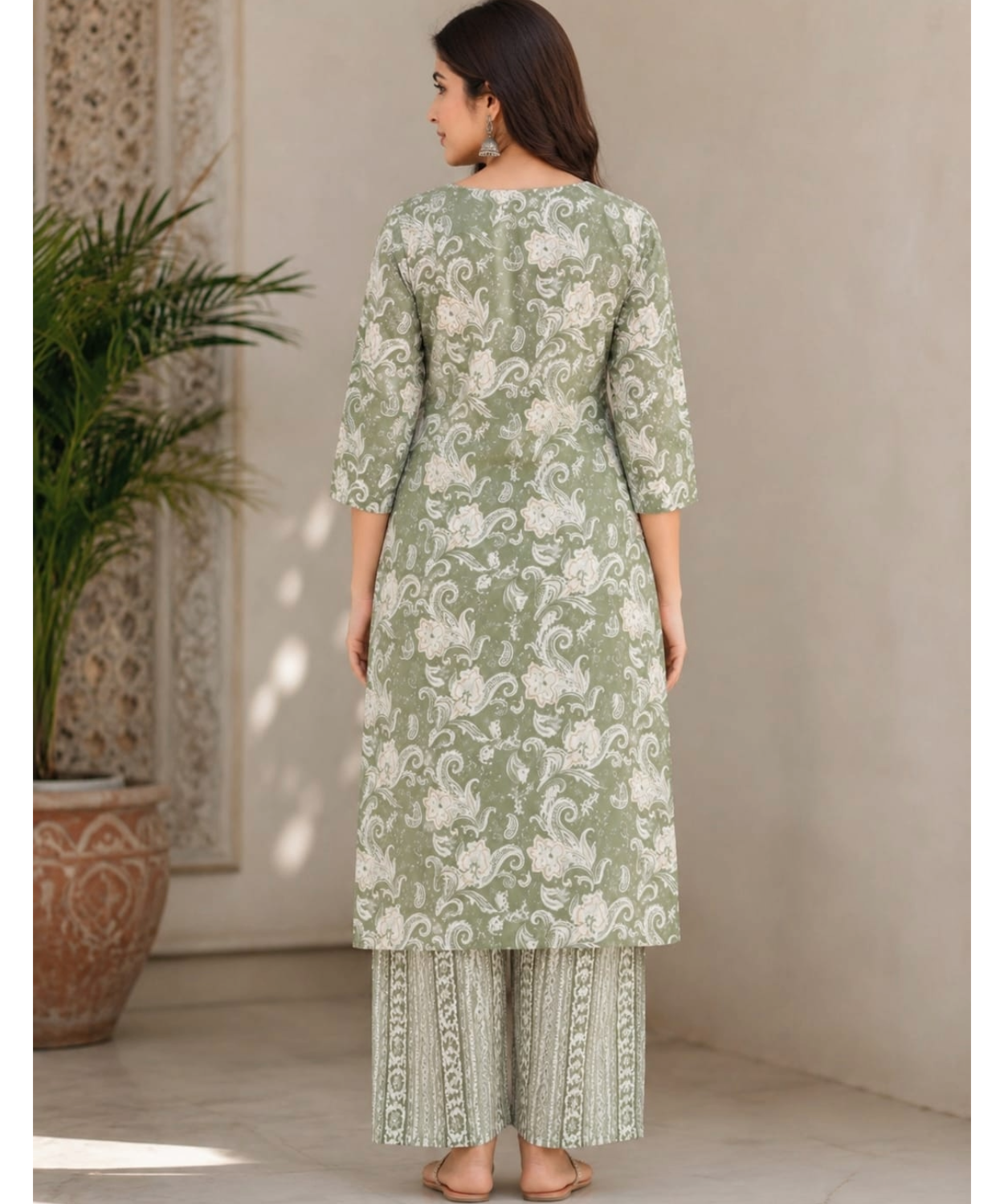Sage Green Floral Printed Kurta with Straight Pant Set