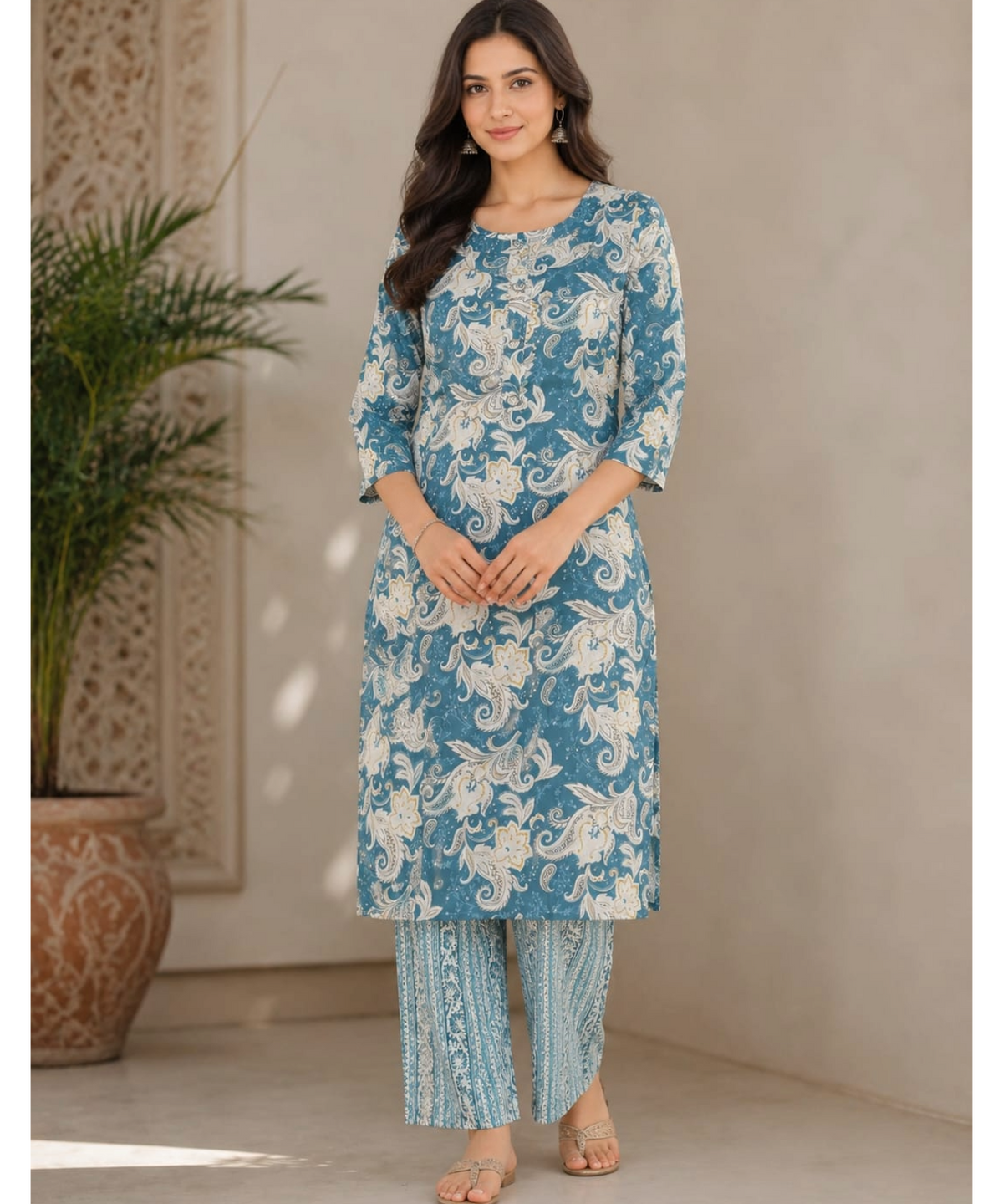 Sage Green Floral Printed Kurta with Straight Pant Set