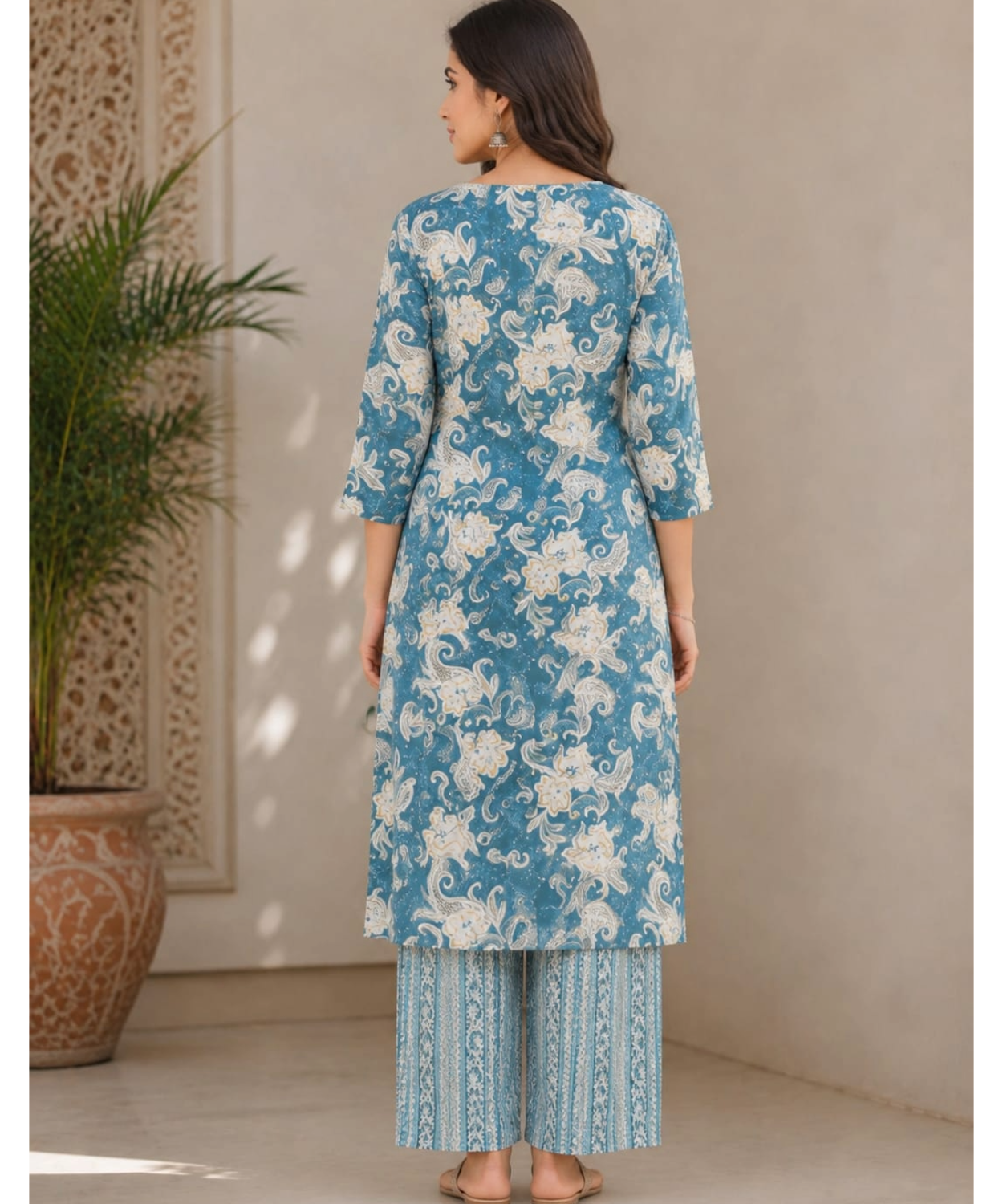 Sage Green Floral Printed Kurta with Straight Pant Set
