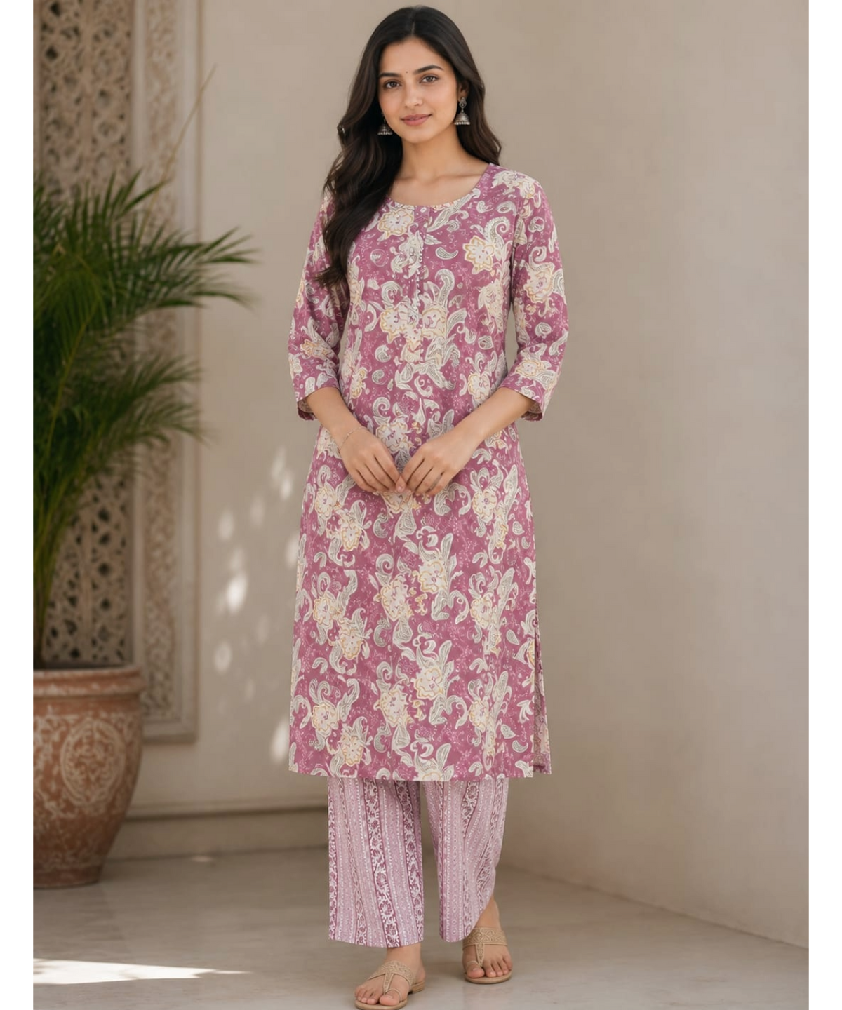 Sage Green Floral Printed Kurta with Straight Pant Set