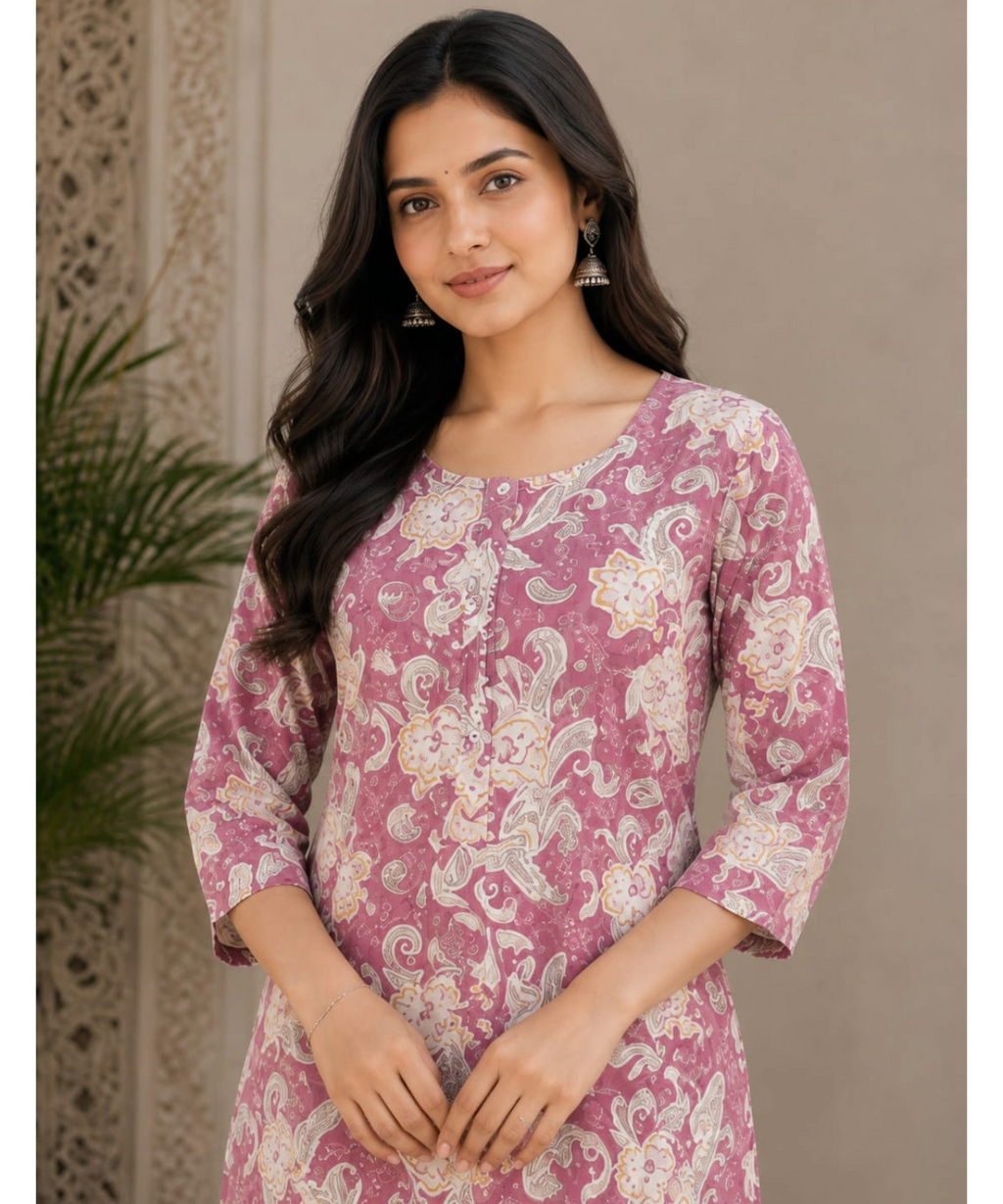 Sage Green Floral Printed Kurta with Straight Pant Set