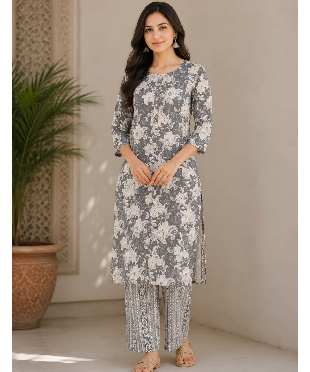 Sage Green Floral Printed Kurta with Straight Pant Set