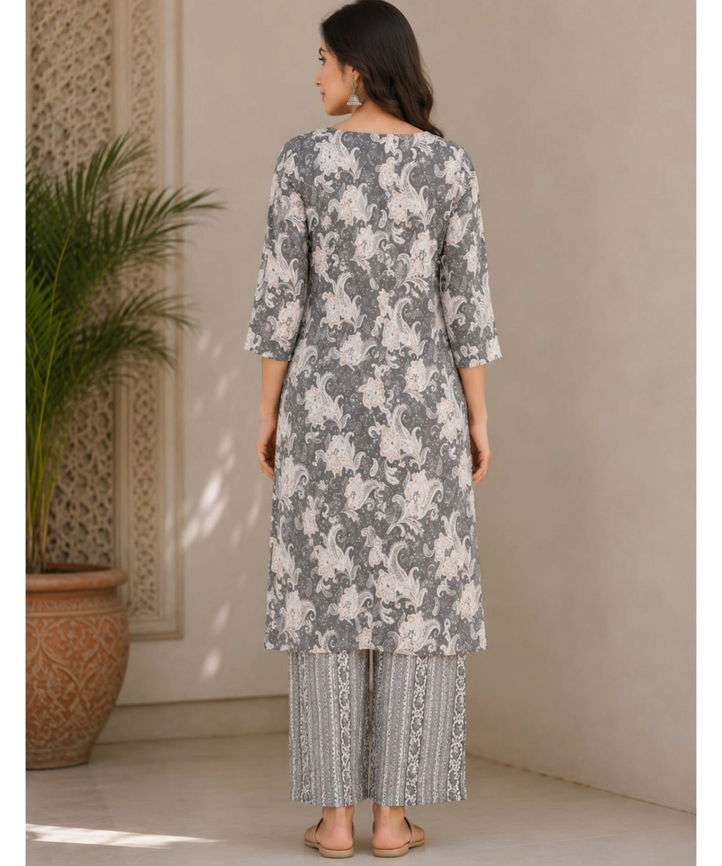 Sage Green Floral Printed Kurta with Straight Pant Set