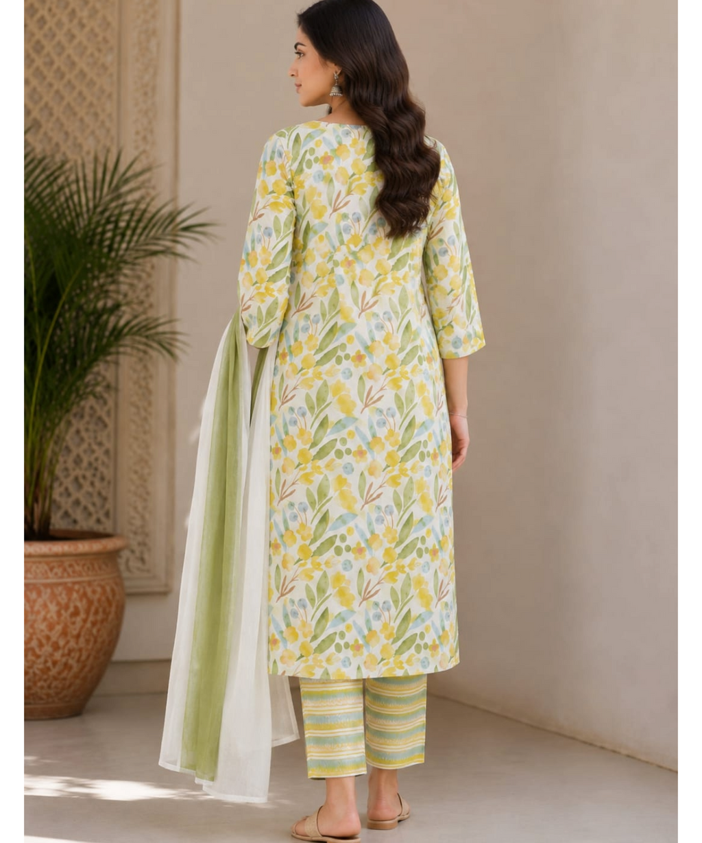 Floral Printed Cotton Kurta Set with Dupatta