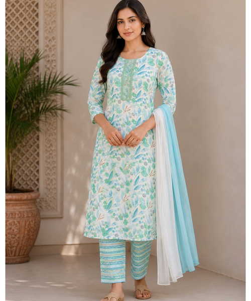 Floral Printed Cotton Kurta Set with Dupatta