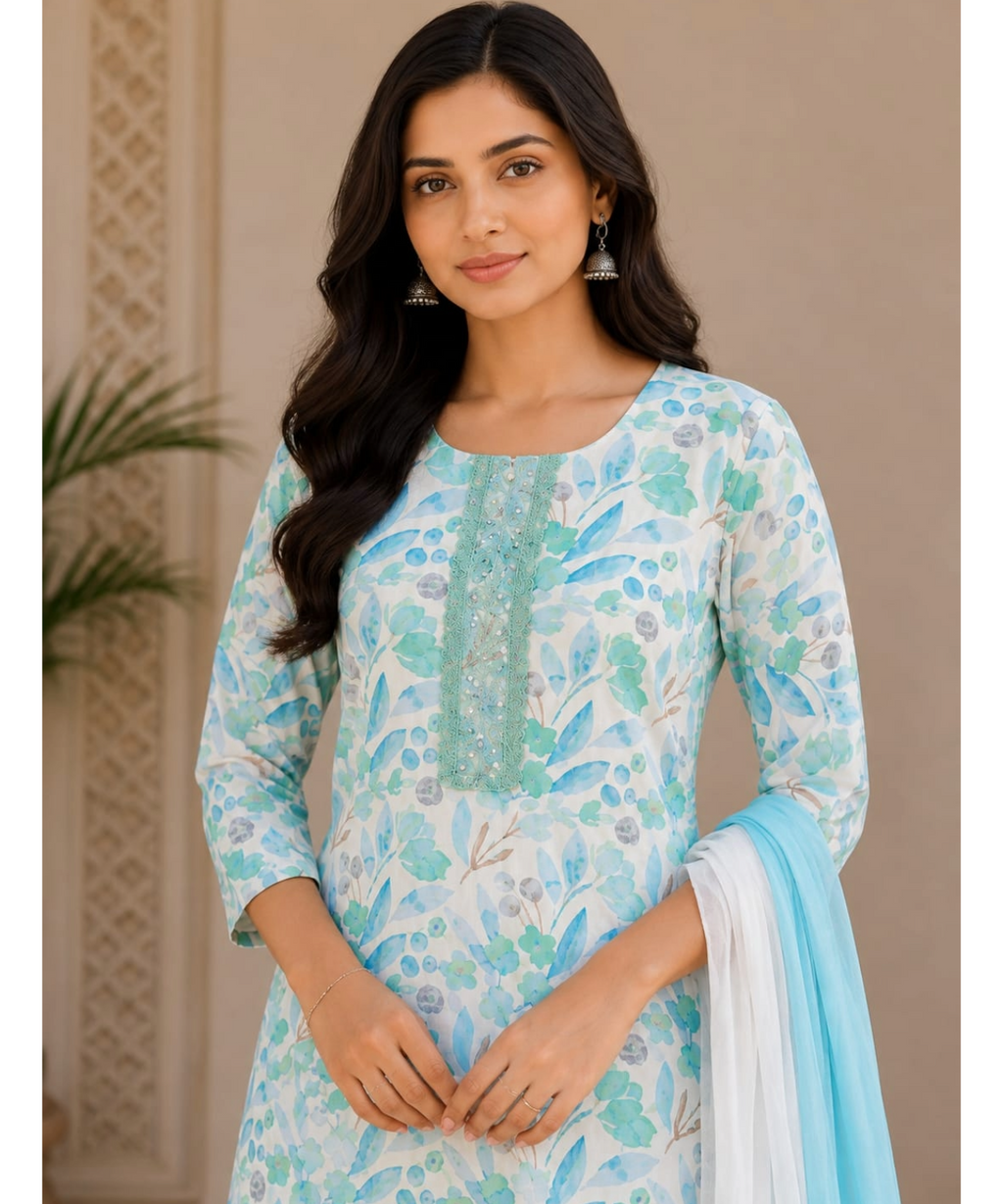 Floral Printed Cotton Kurta Set with Dupatta