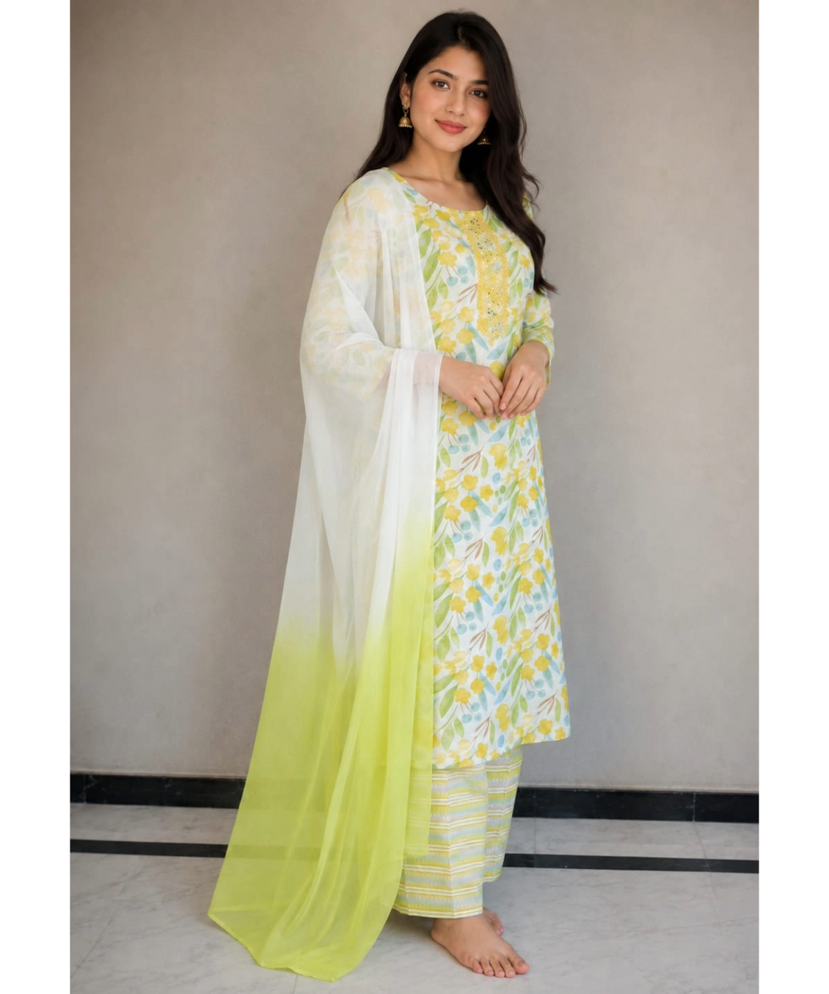 Floral Printed Cotton Kurta Set with Dupatta
