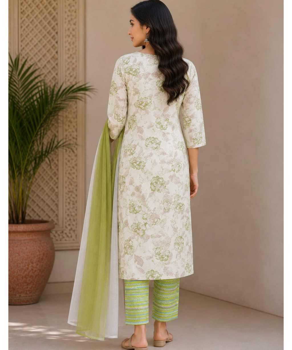 Elegant Floral Printed Cotton Kurta Pant Dupatta Set for Women