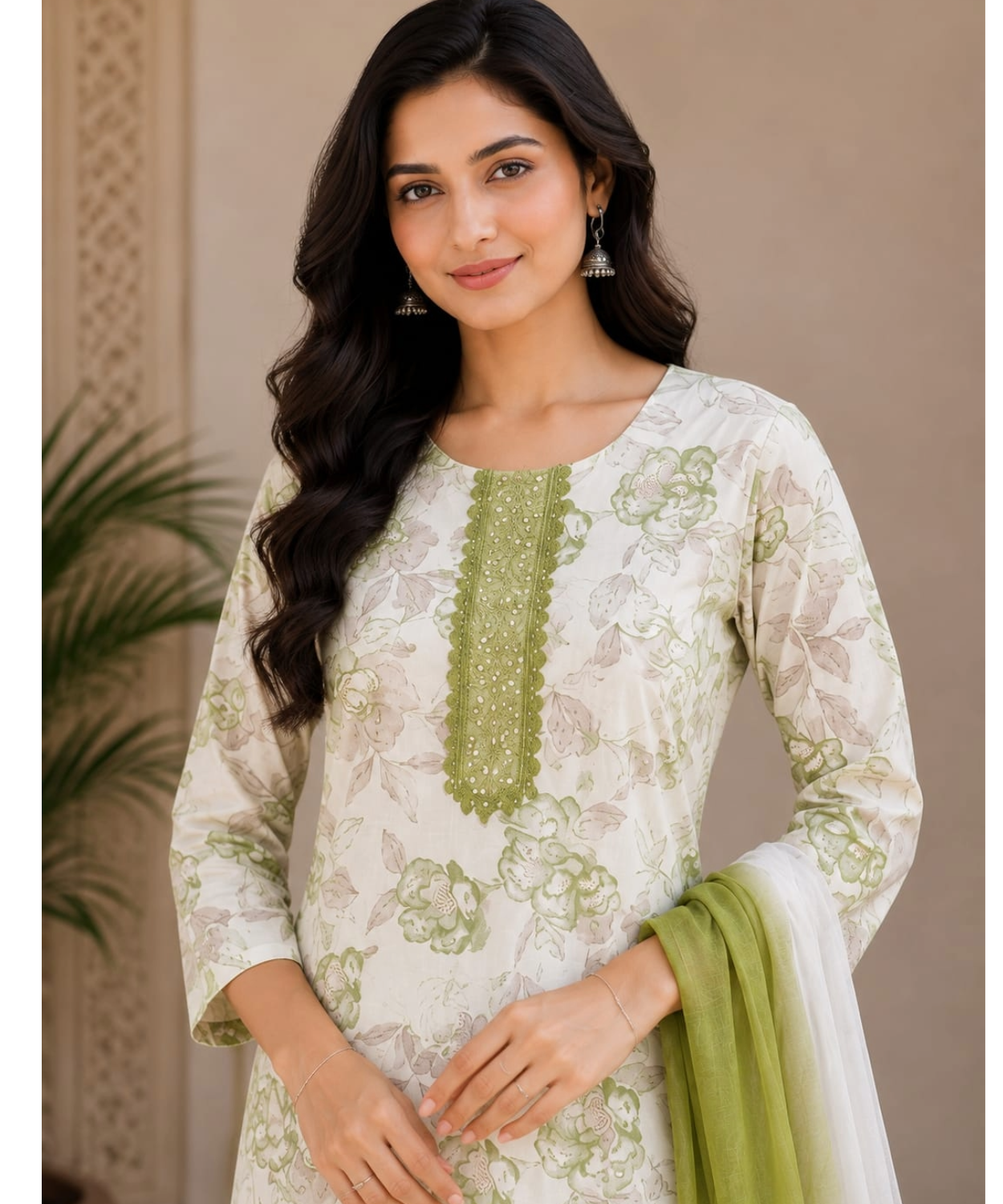 Elegant Floral Printed Cotton Kurta Pant Dupatta Set for Women