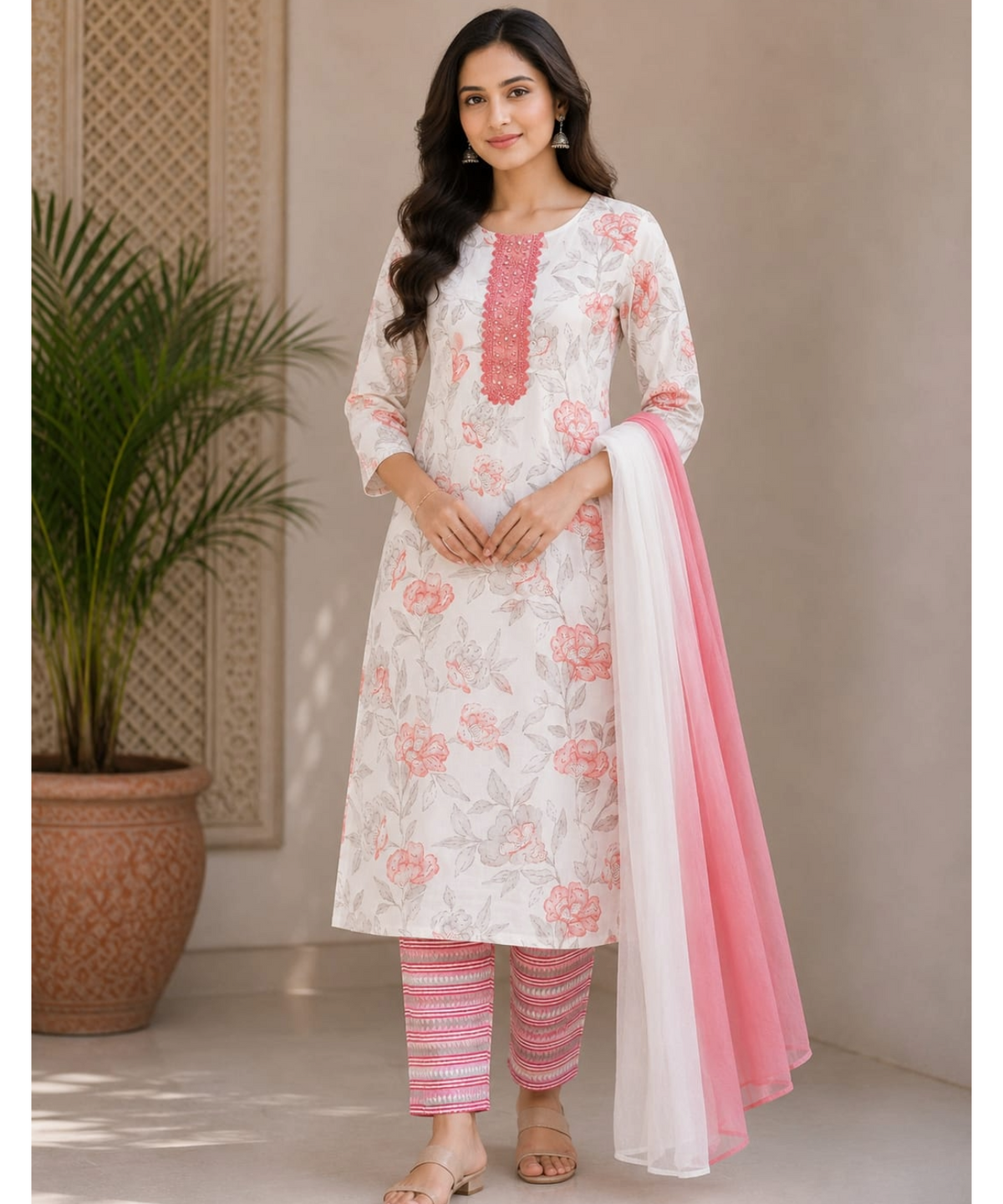 Elegant Floral Printed Cotton Kurta Pant Dupatta Set for Women