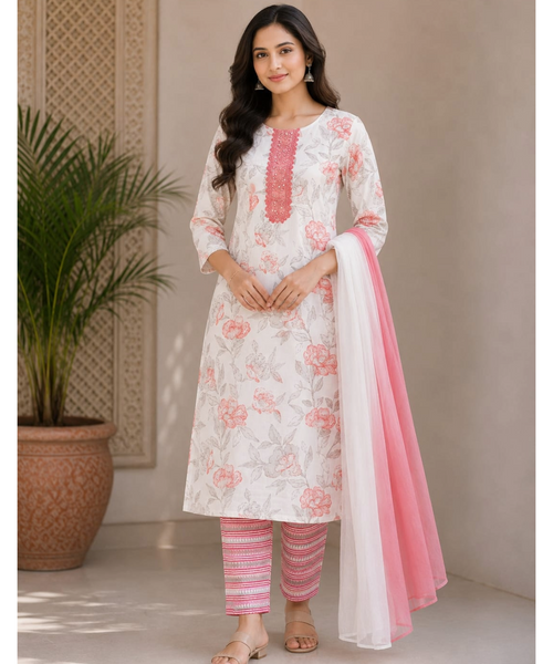 Elegant Floral Printed Cotton Kurta Pant Dupatta Set for Women