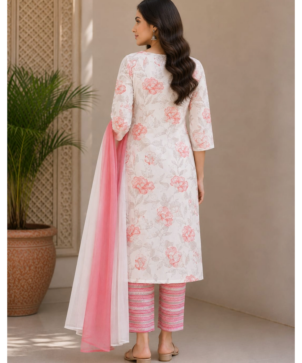 Elegant Floral Printed Cotton Kurta Pant Dupatta Set for Women