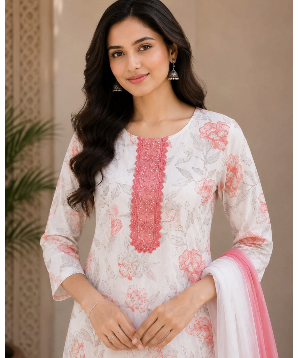 Elegant Floral Printed Cotton Kurta Pant Dupatta Set for Women