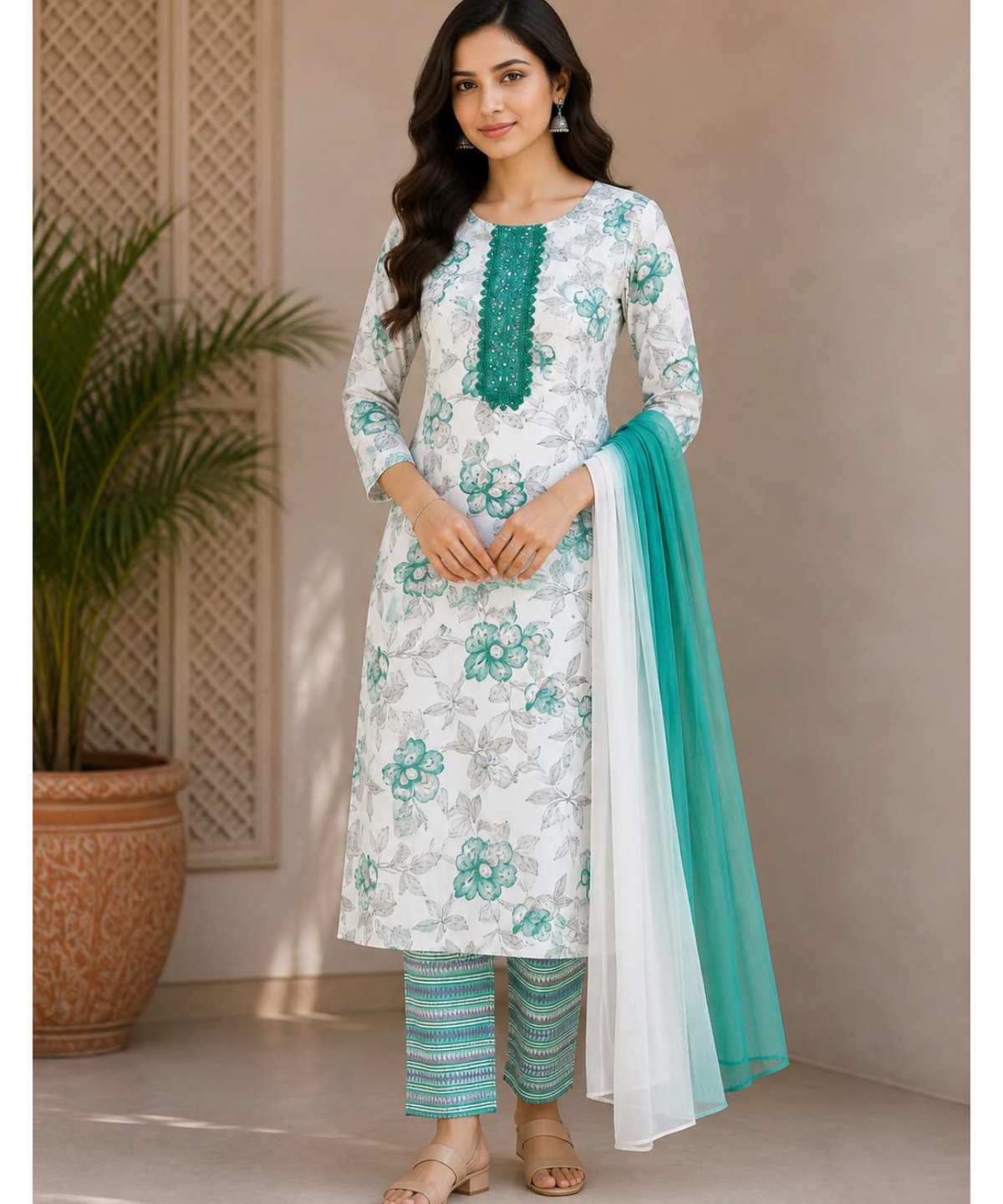 Elegant Floral Printed Cotton Kurta Pant Dupatta Set for Women