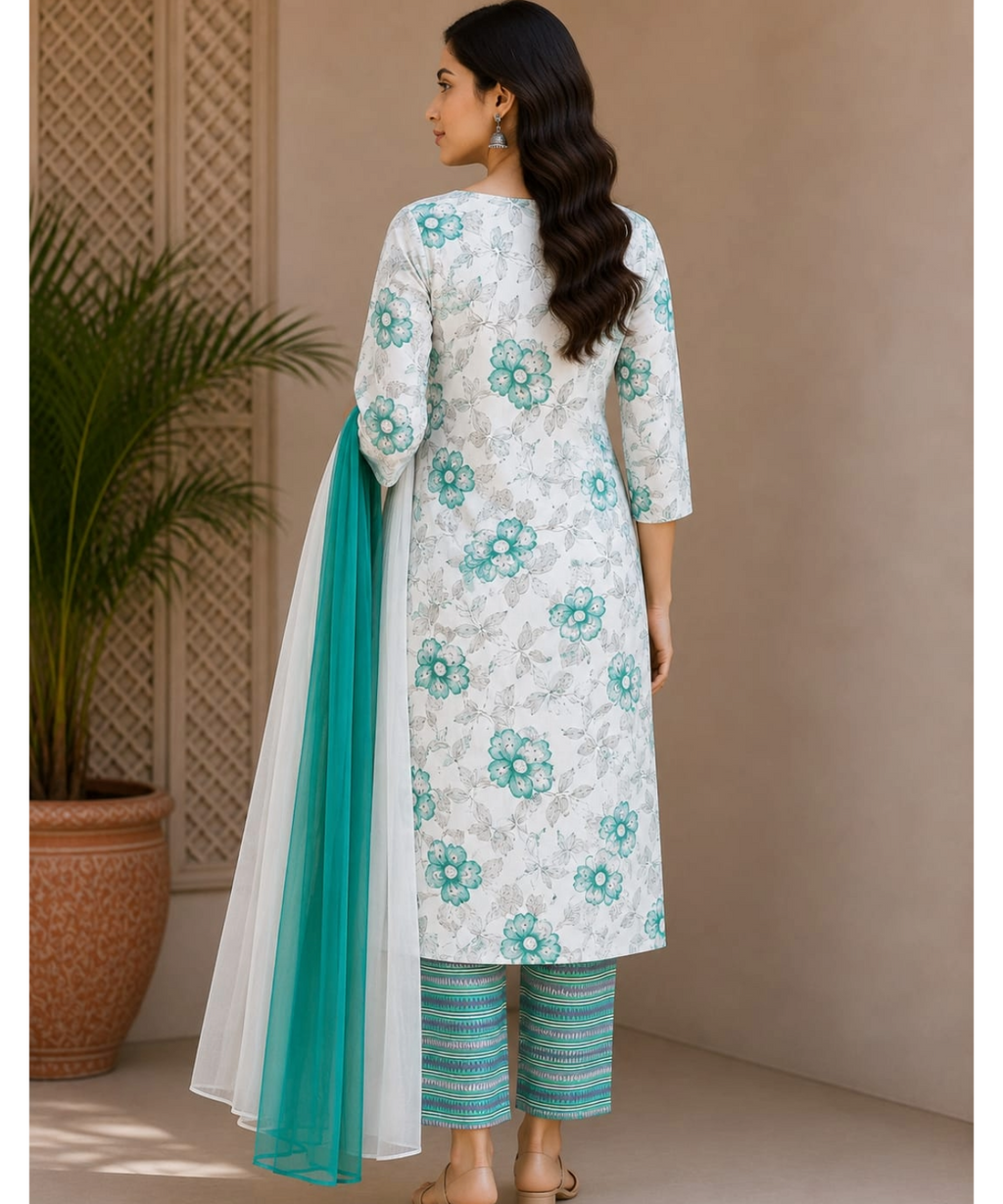 Elegant Floral Printed Cotton Kurta Pant Dupatta Set for Women