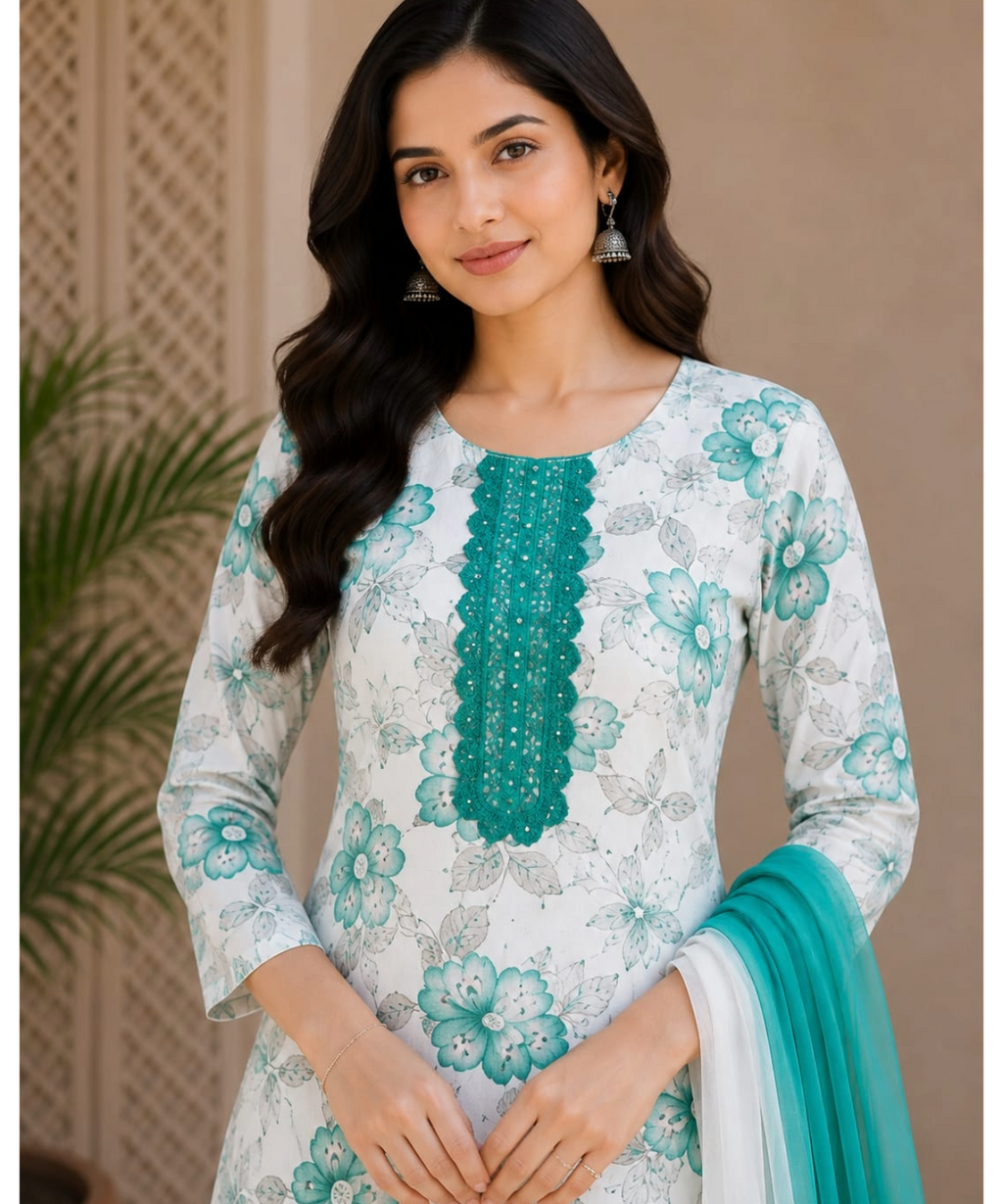 Elegant Floral Printed Cotton Kurta Pant Dupatta Set for Women