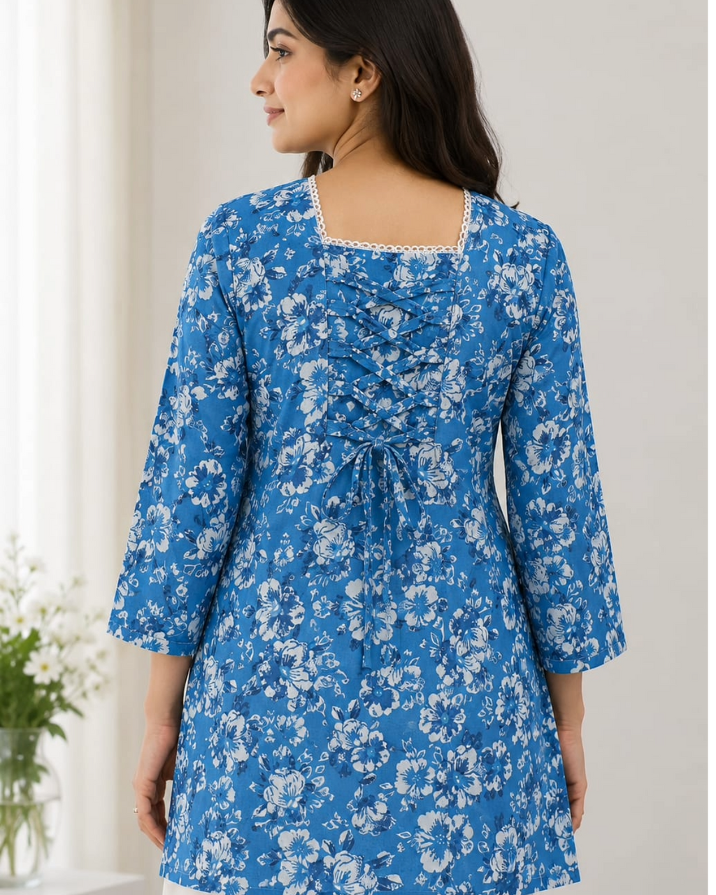 Blue Floral Printed Cotton Short Kurti for Women
