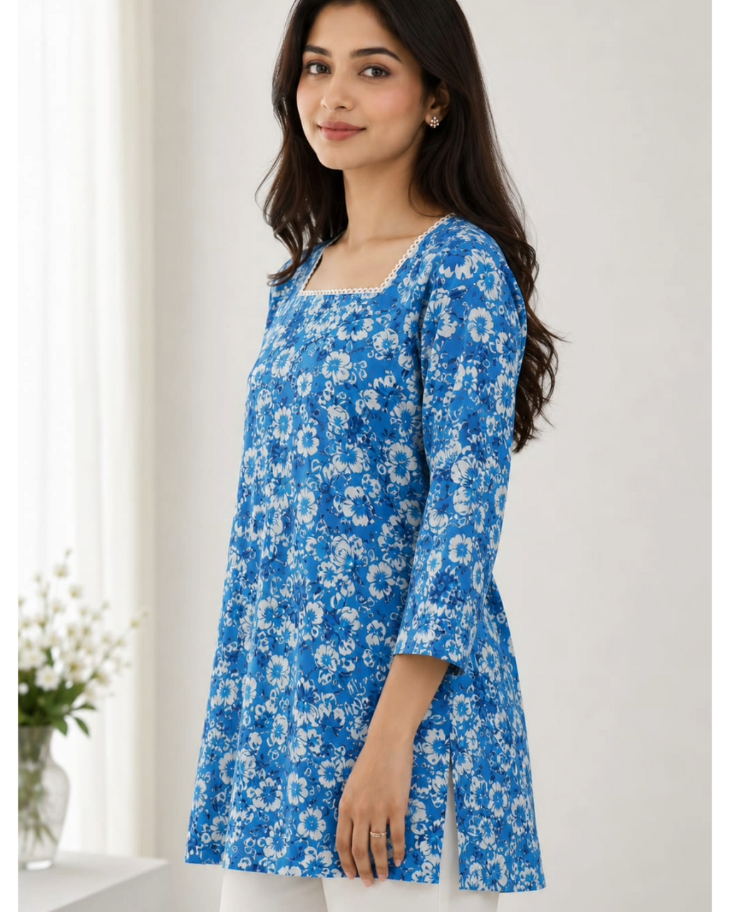 Blue Floral Printed Cotton Short Kurti for Women