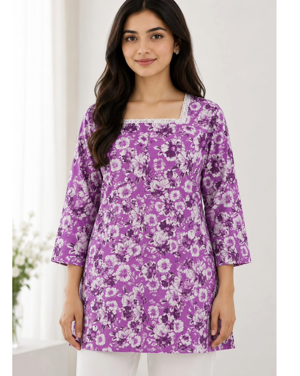 Blue Floral Printed Cotton Short Kurti for Women