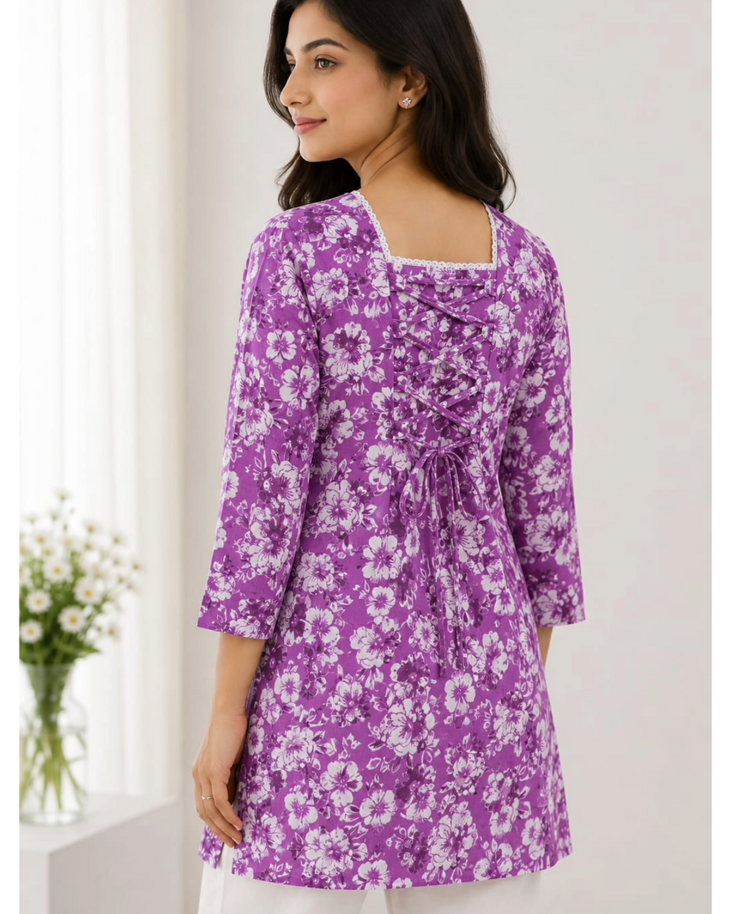 Blue Floral Printed Cotton Short Kurti for Women