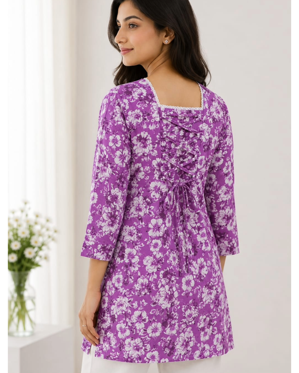 Blue Floral Printed Cotton Short Kurti for Women