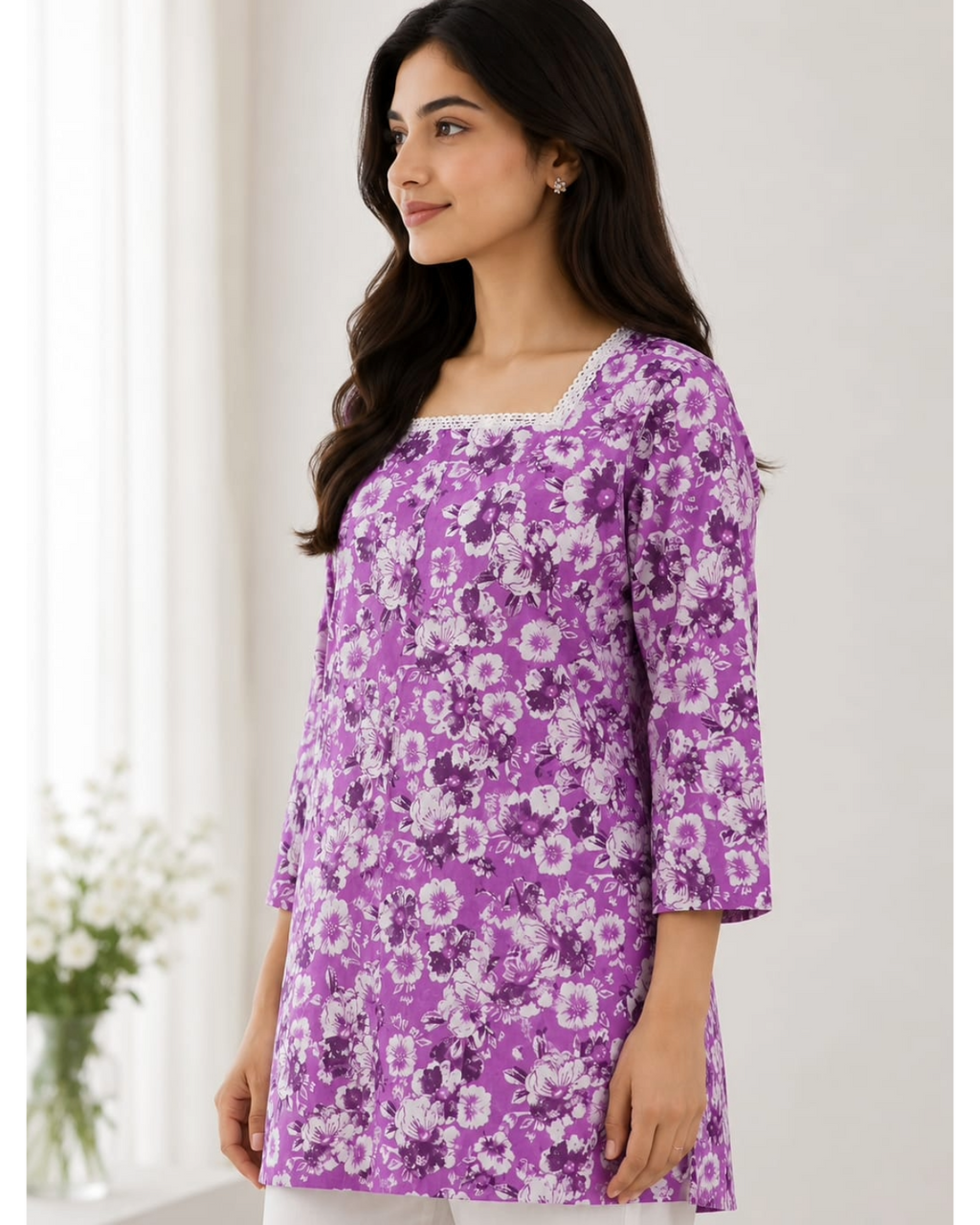 Blue Floral Printed Cotton Short Kurti for Women
