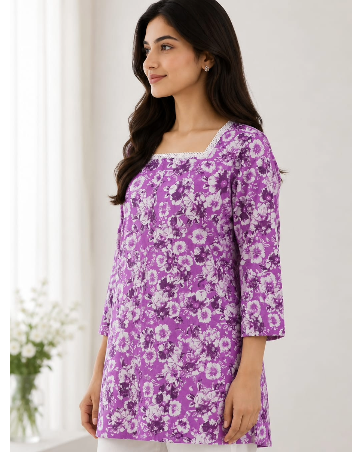 Blue Floral Printed Cotton Short Kurti for Women