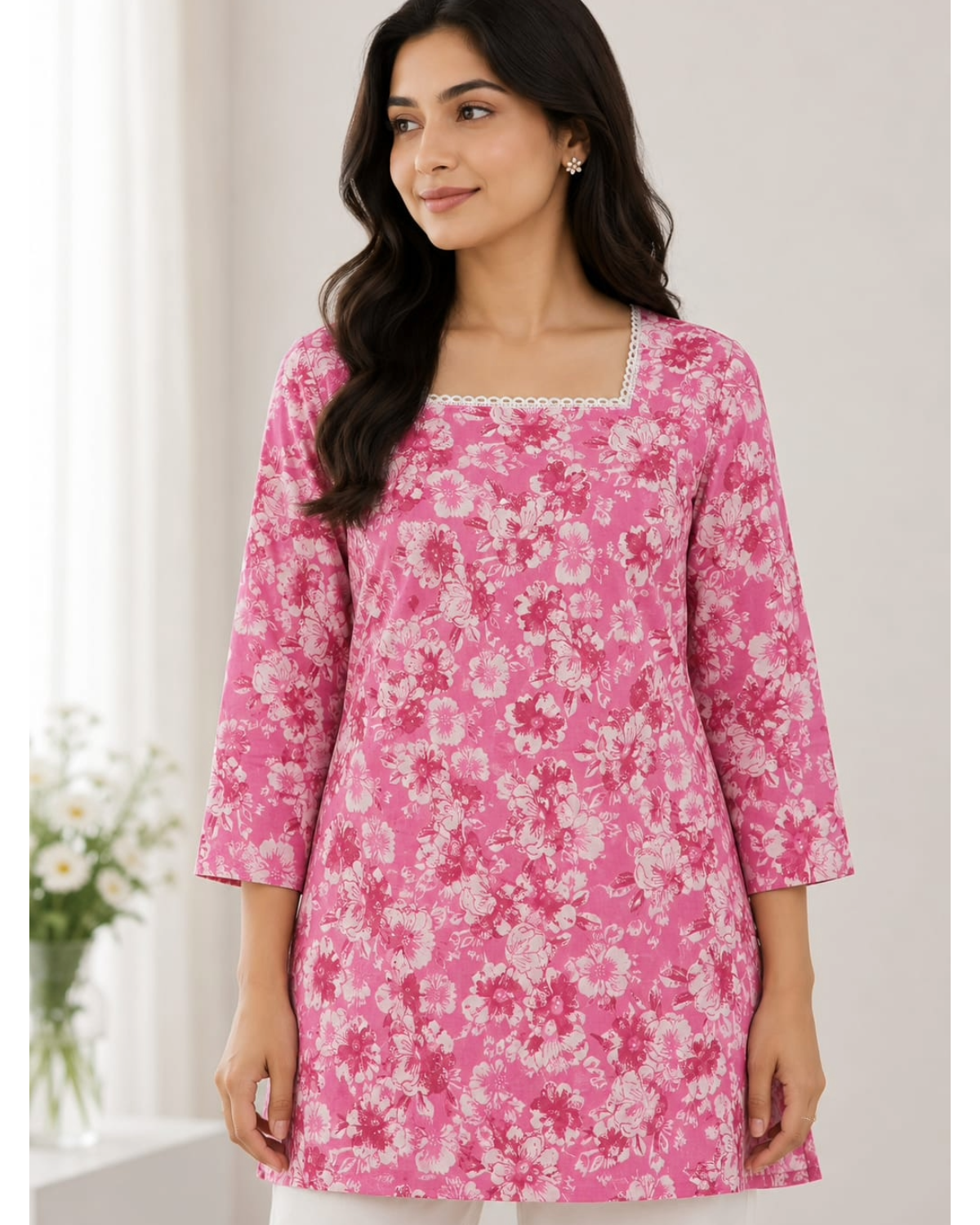 Blue Floral Printed Cotton Short Kurti for Women
