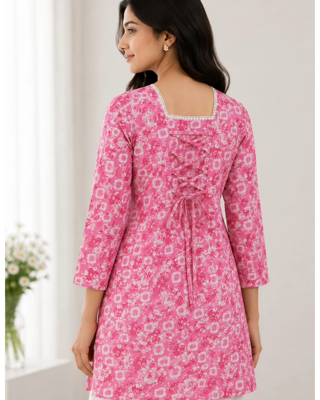 Blue Floral Printed Cotton Short Kurti for Women