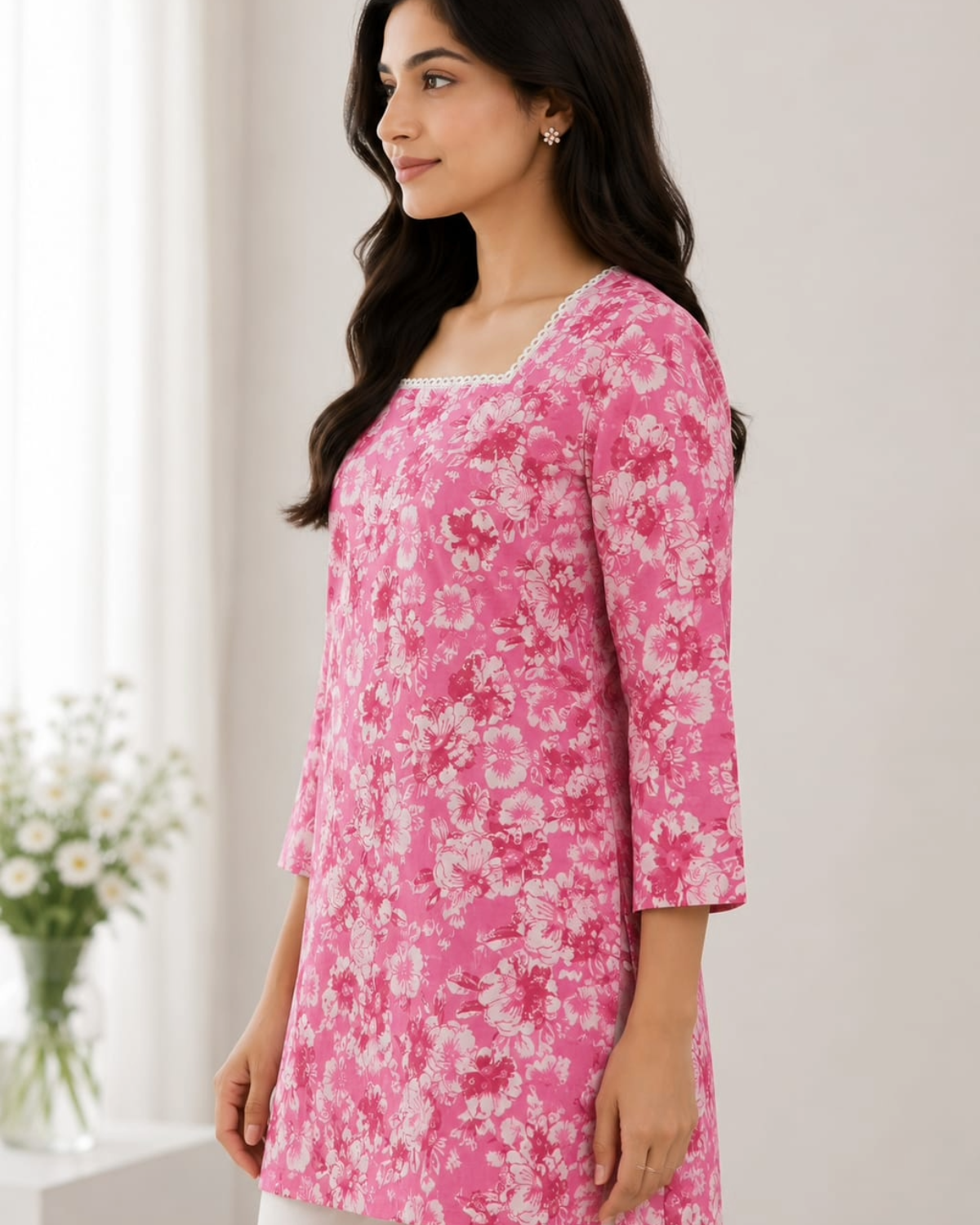 Blue Floral Printed Cotton Short Kurti for Women