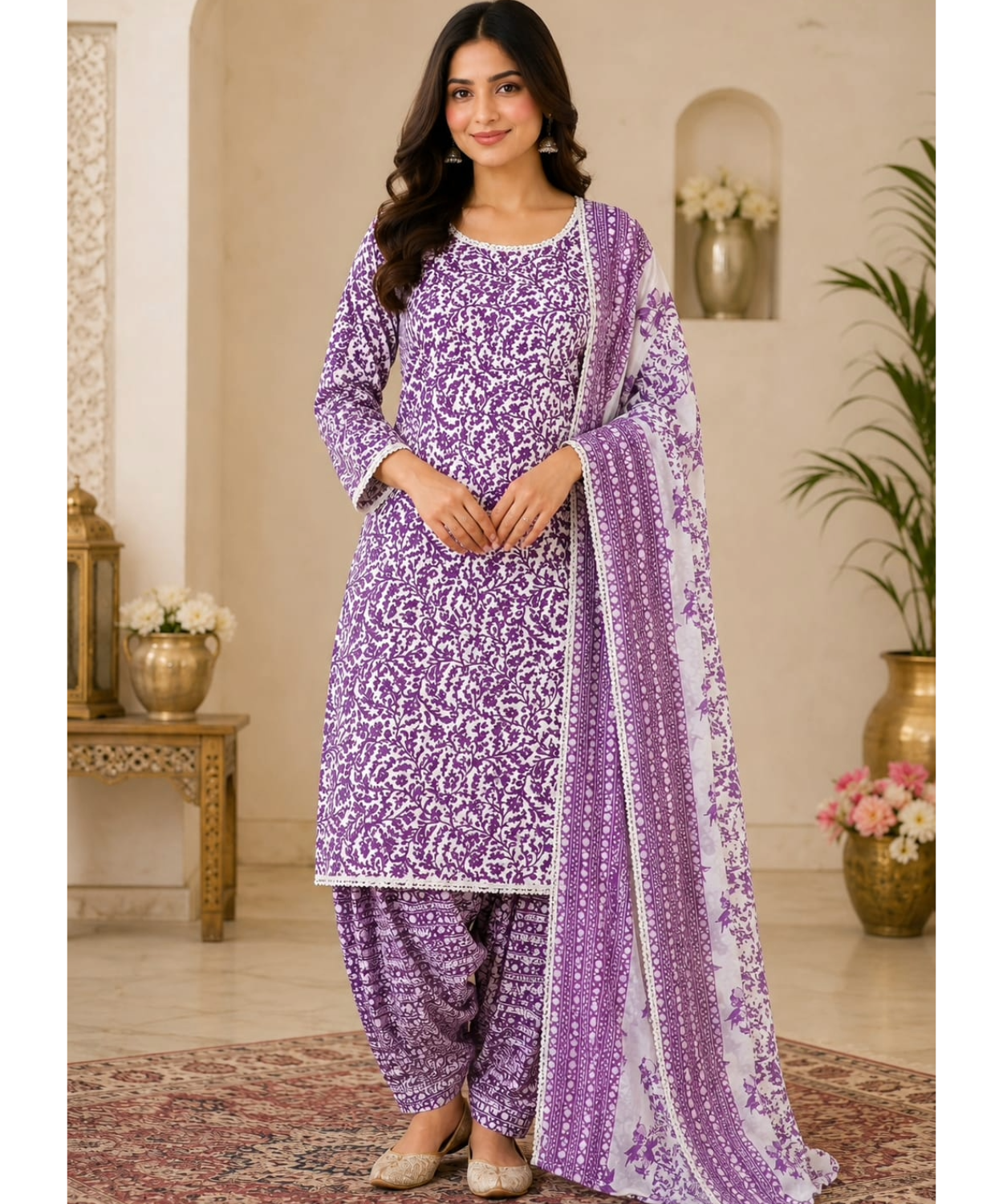 Purple Printed Farshi Salwar Suit Set with Dupatta