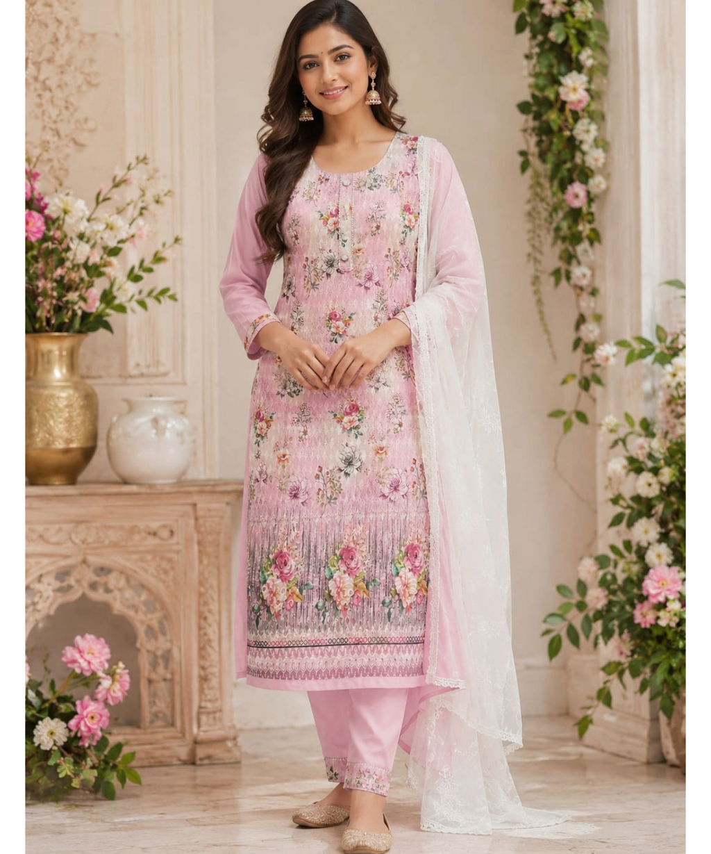 Pink Floral Chikankari Suit Set with Chiffon Dupatta