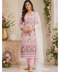Pink Floral Chikankari Suit Set with Chiffon Dupatta