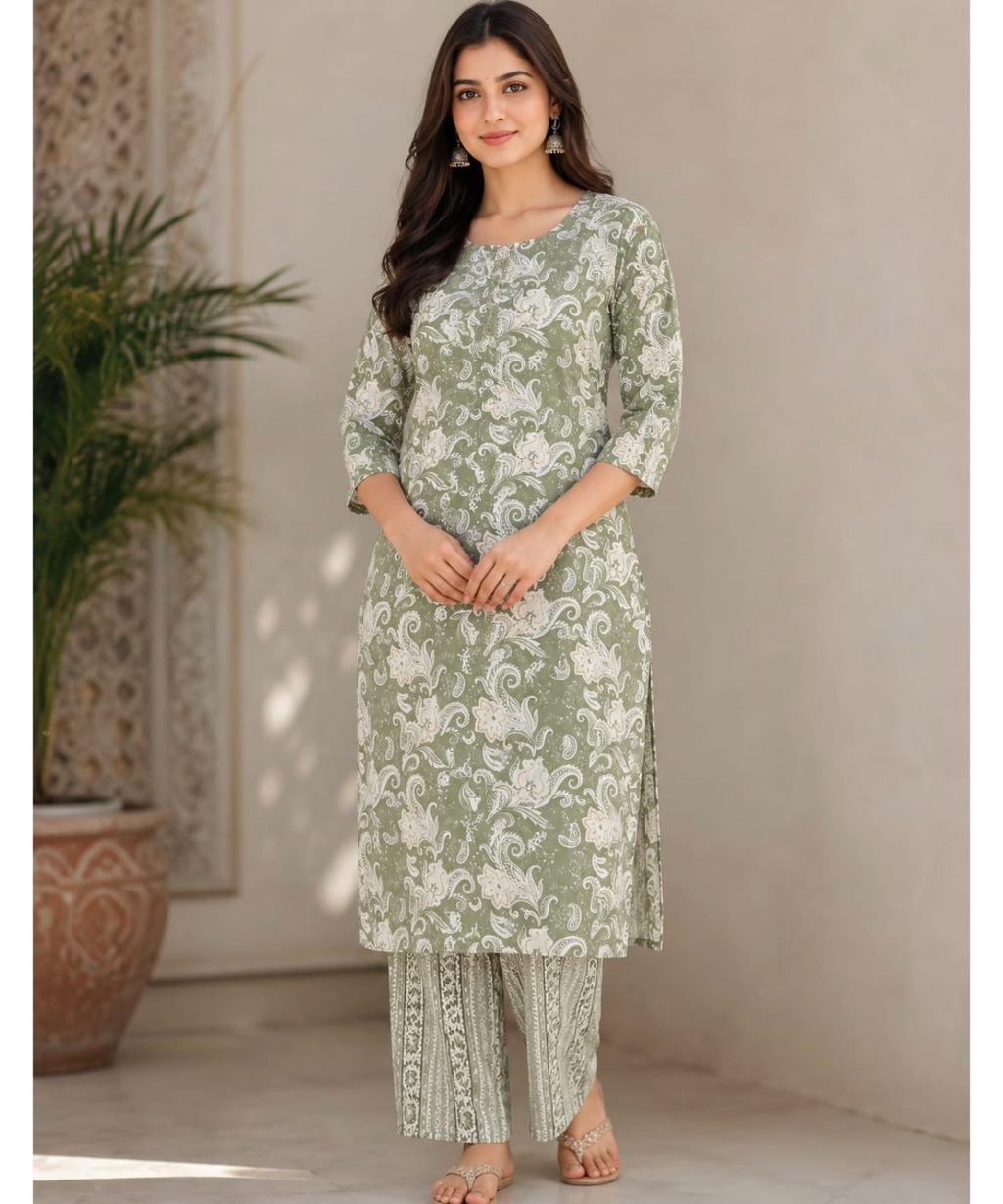 Sage Green Floral Printed Kurta with Straight Pant Set