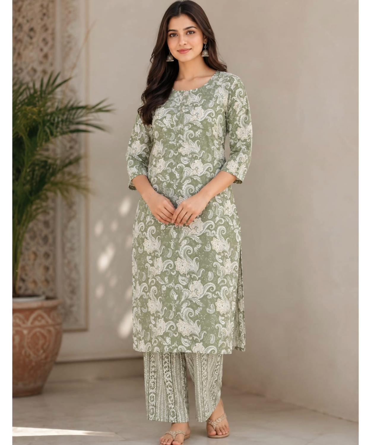 Sage Green Floral Printed Kurta with Straight Pant Set